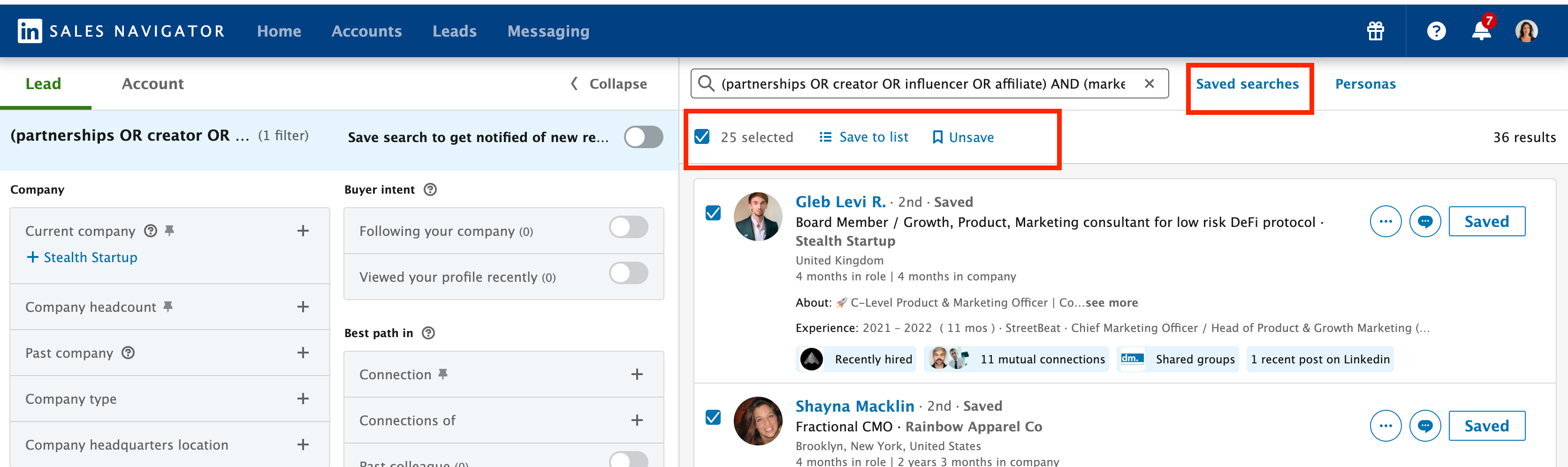 sales navigator save list search