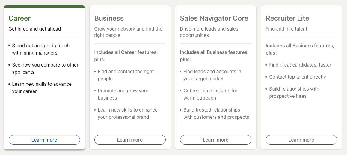 linkedin account types premium plans
