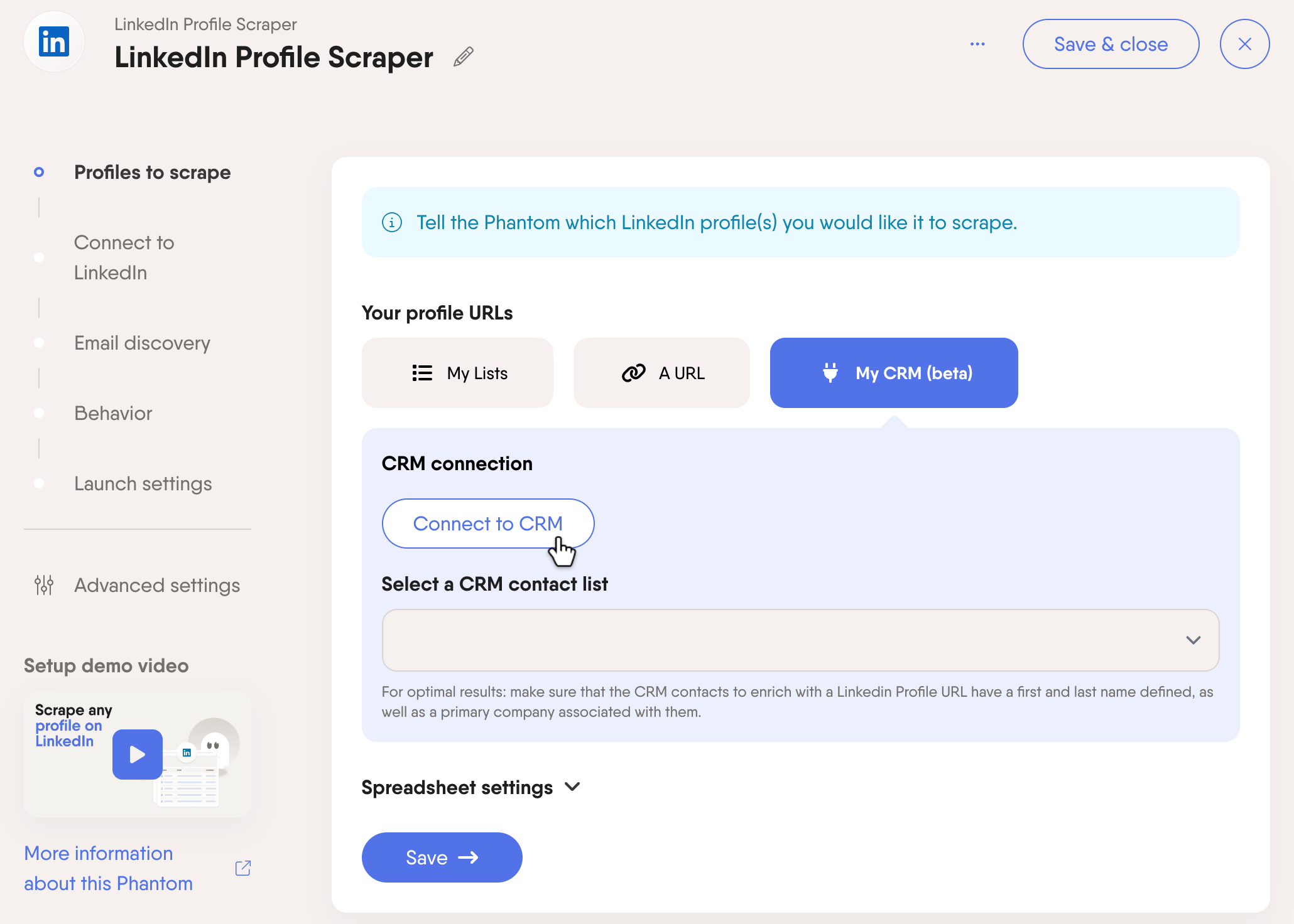 profile scraper crm hubspot connection