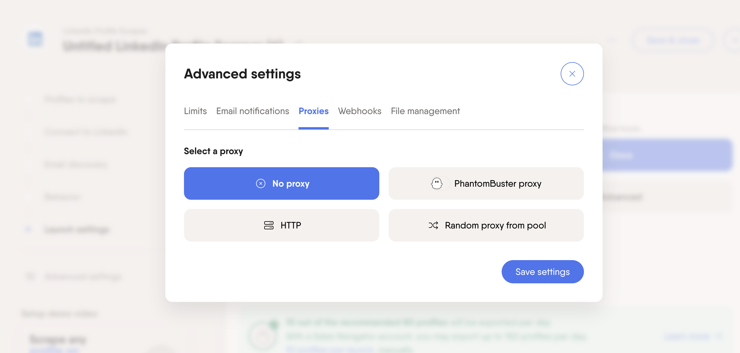 phantombuster proxy settings profile scrper phantom