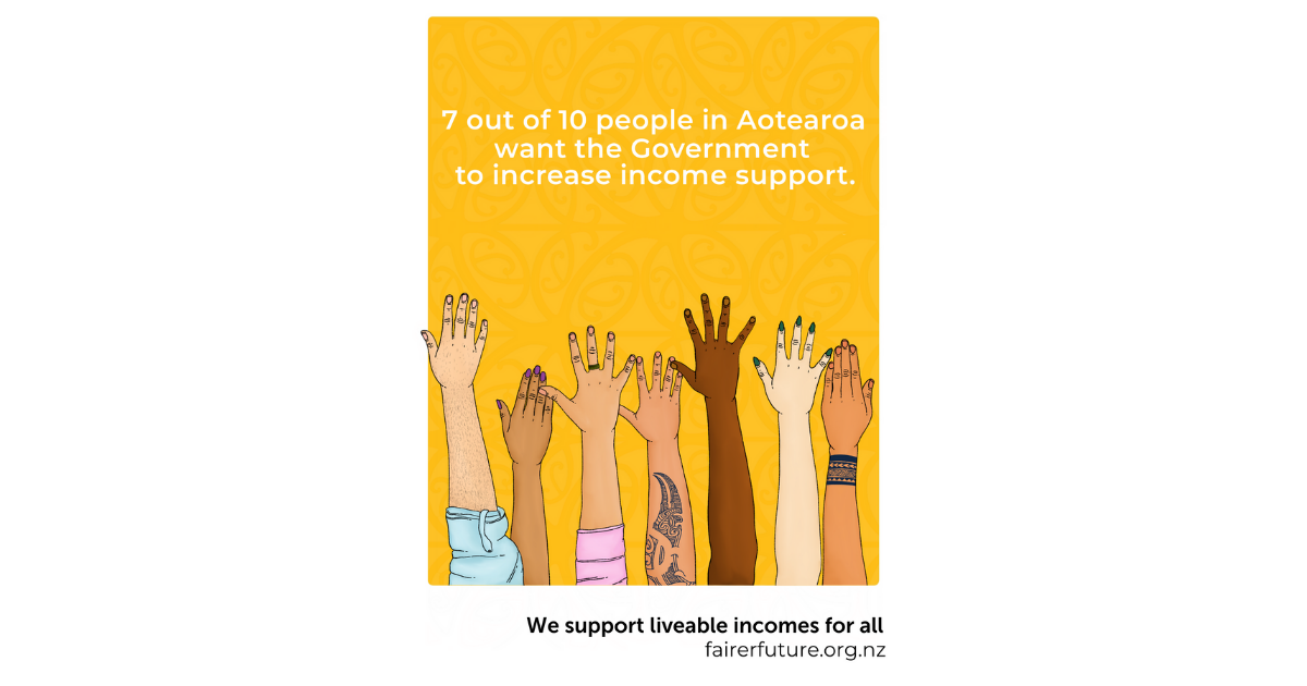 A picture of the poster which has the words ‘7 out of 10 people in Aotearoa want the government to increase income support’ at the top with seven arms holding their hands up. At the bottom is ‘We support liveable incomes for all’ and the website URL