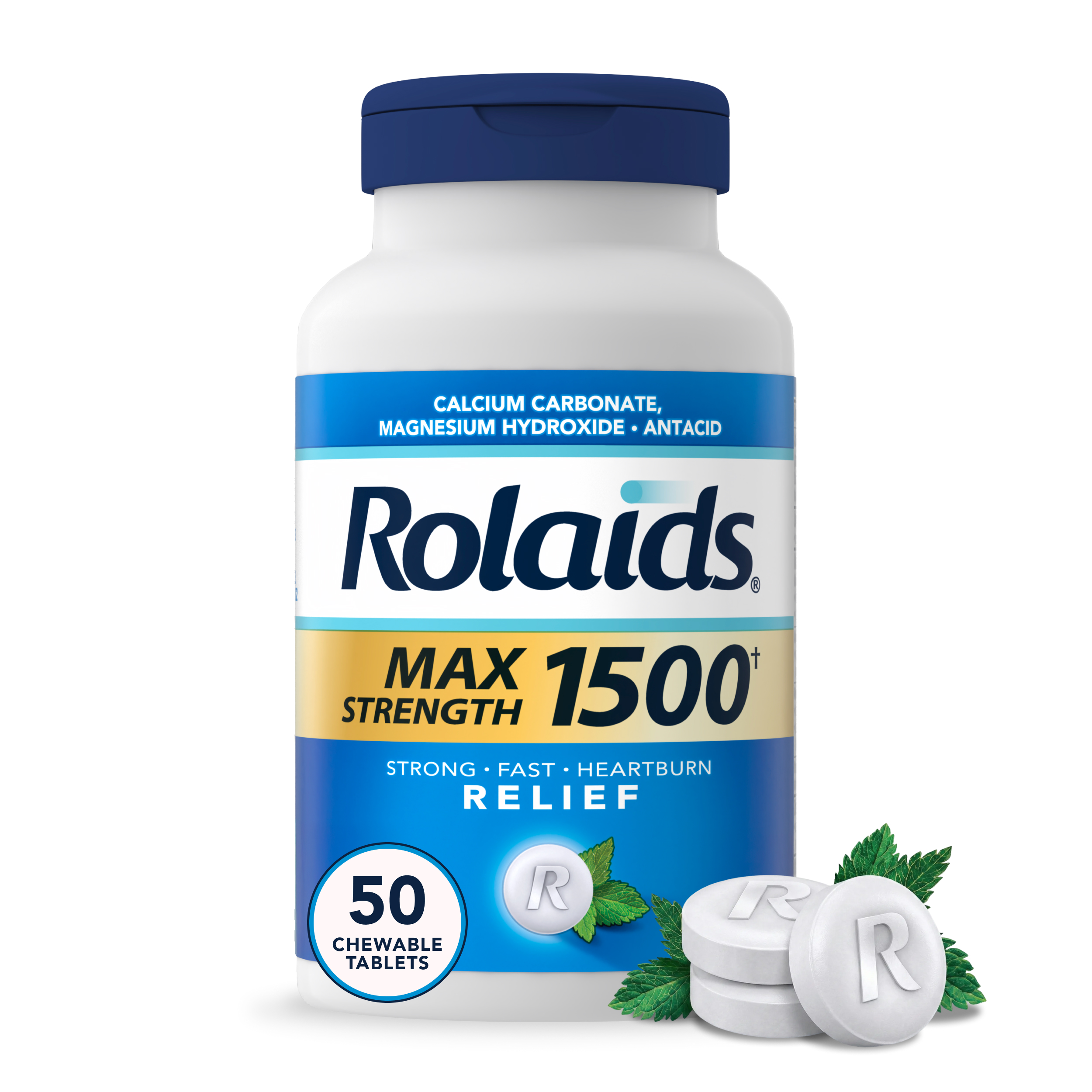 Rolaids Max Strength 1500 antacid bottle, 50 chewable tablets, with white tablets and mint leaves beside it.