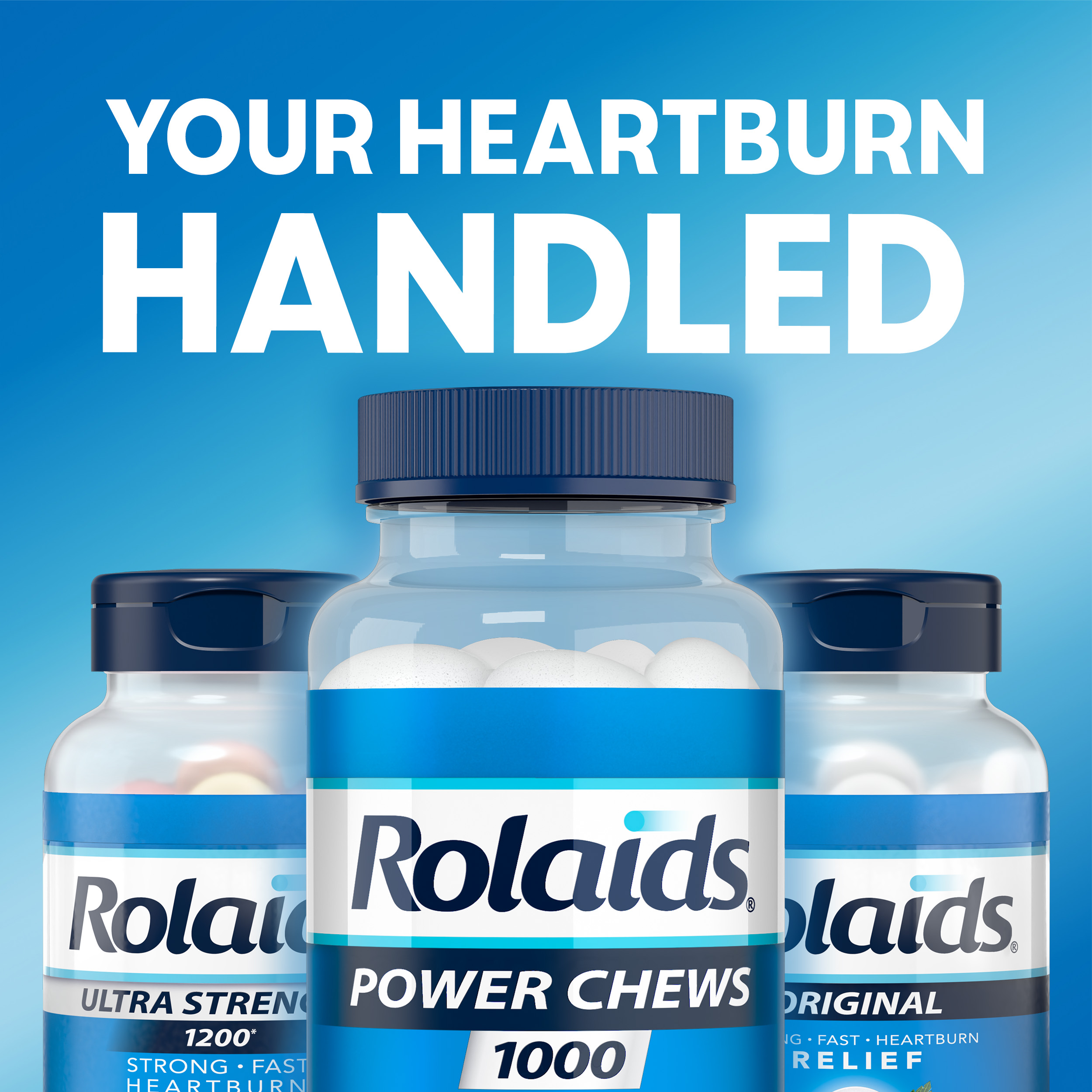 Three bottles of Rolaids antacids lined up under bold text that reads "Your Heartburn Handled."