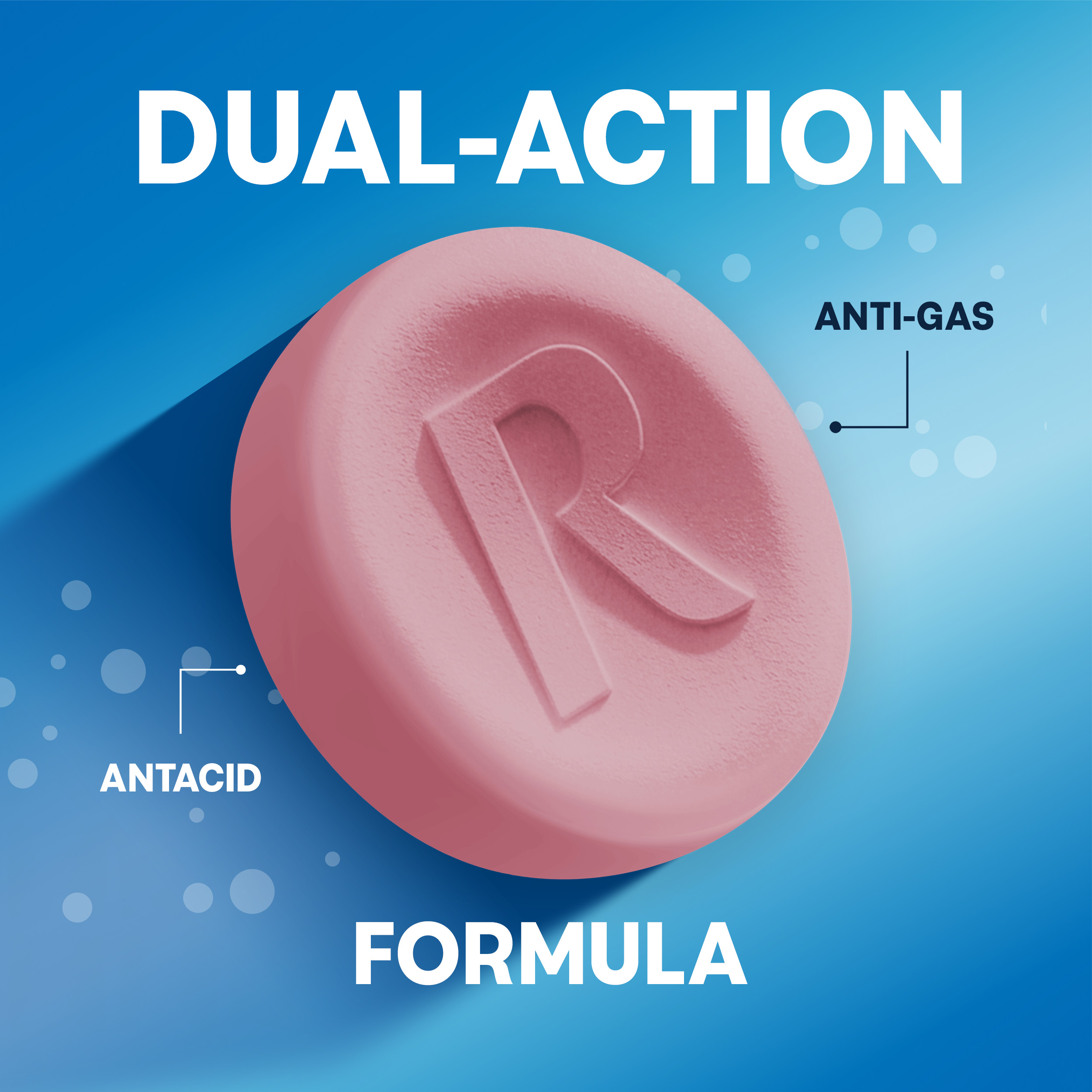A large pink chewable tablet with pointers labeled "ANTACID" and "ANTI-GAS" under the headline "DUAL-ACTION FORMULA."