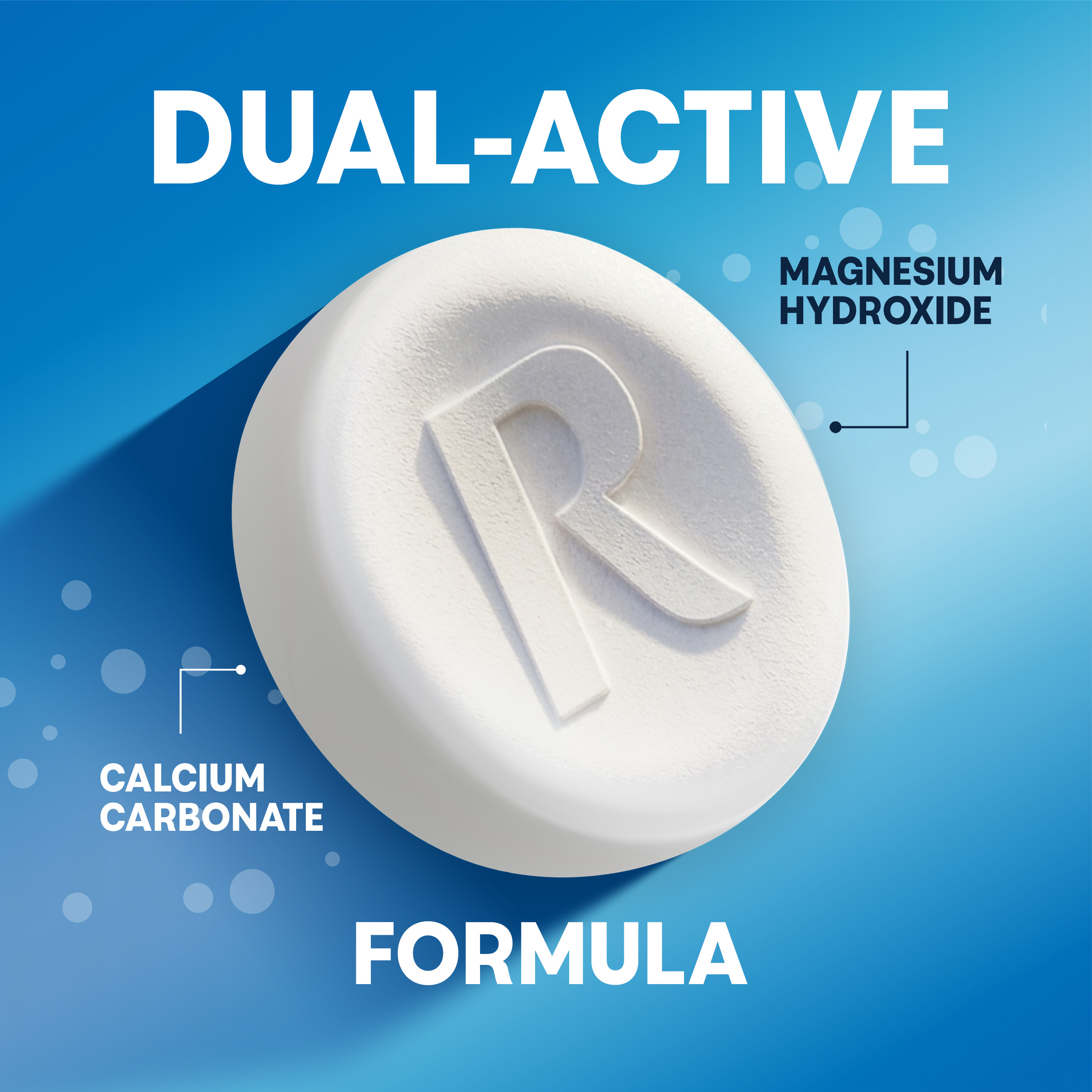 Graphic of a chewable tablet pointing out dual-active ingredients: Calcium Carbonate and Magnesium Hydroxide.