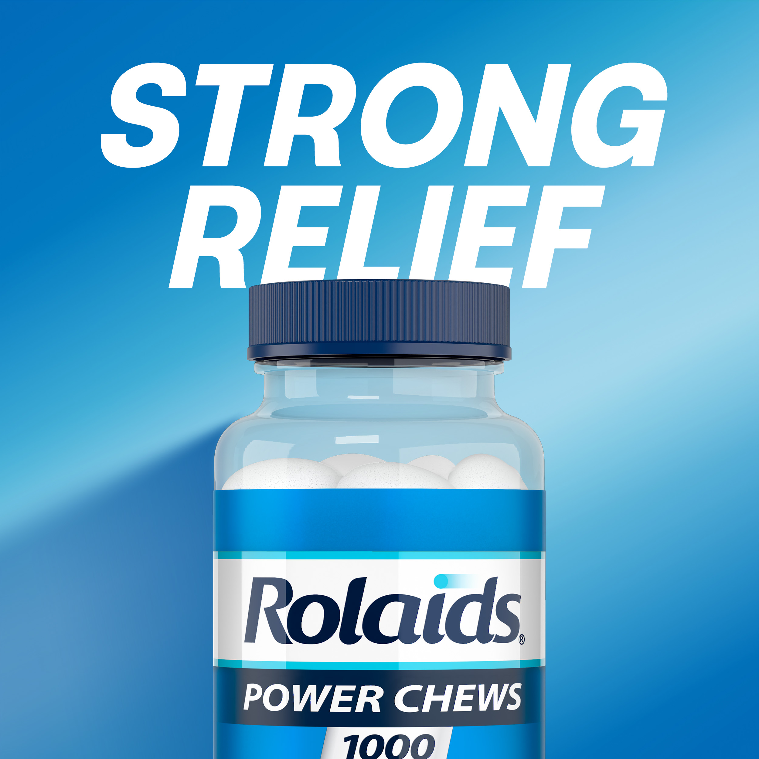 A bottle of Rolaids Power Chews 1000 on a blue background with text reading "Strong Relief."