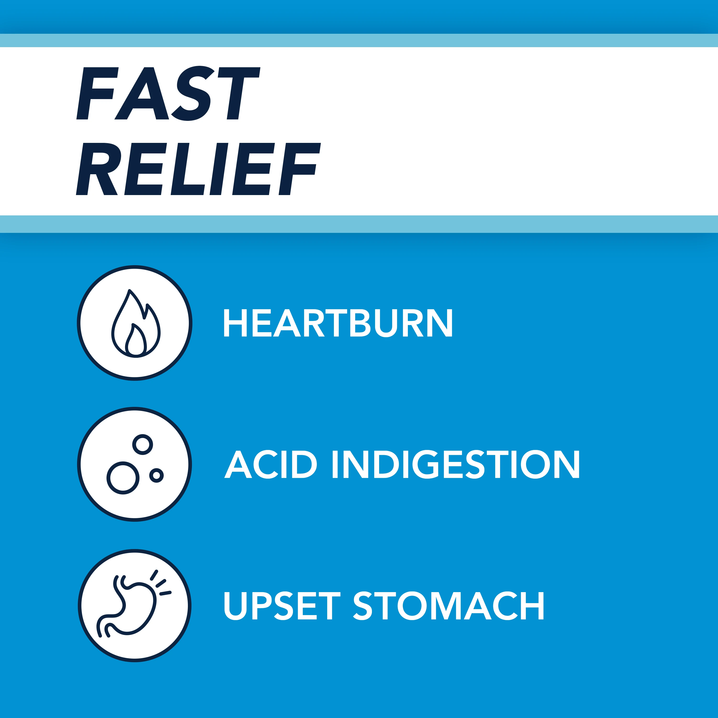 Text on white background "Fast Relief" and text "Heartburn, Acid Indigestion, Upset Stomach" with icons in white circle and blue outline on blue background.