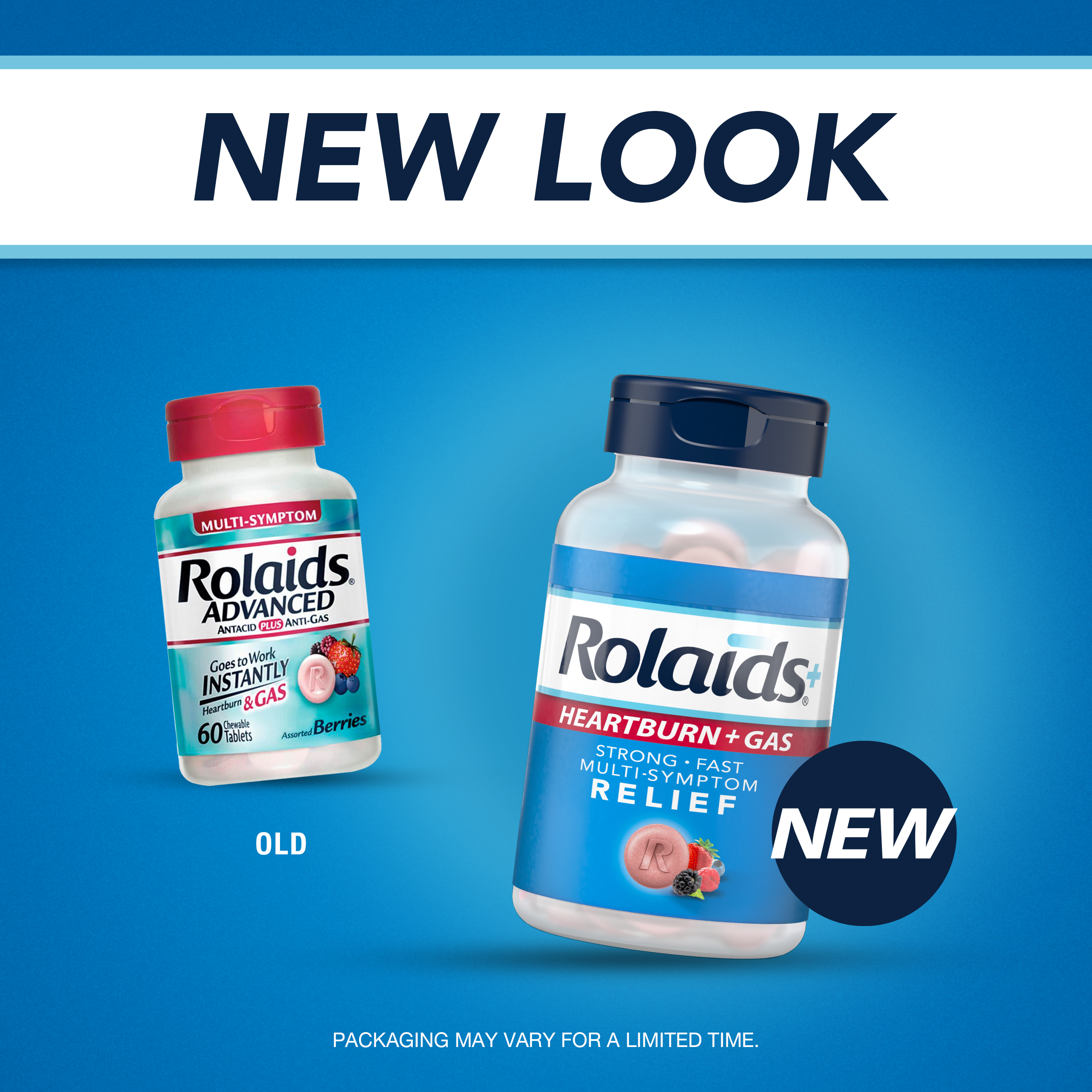 Rolaids® Advanced Antacid Plus Anti-Gas Chewable Tablets - H+G bottle OLD vs New with text "New Look"