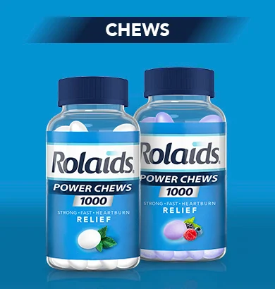 Rolaids 2 bottles of Power chew heartburn relief chewable tablets in mint and assorted berry flavor on blue background.