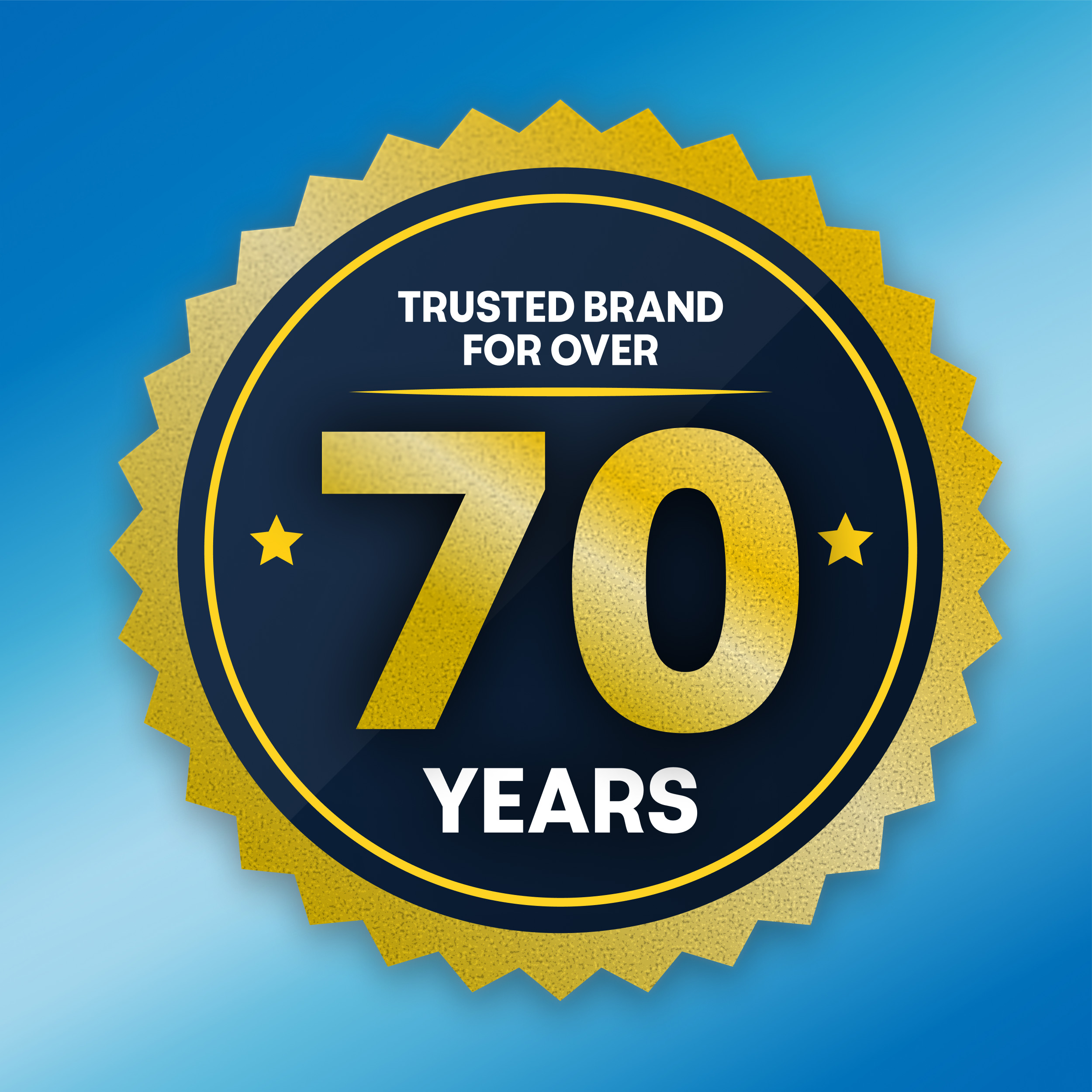 A gold seal badge on a blue background reading "Trusted Brand for Over 70 Years."