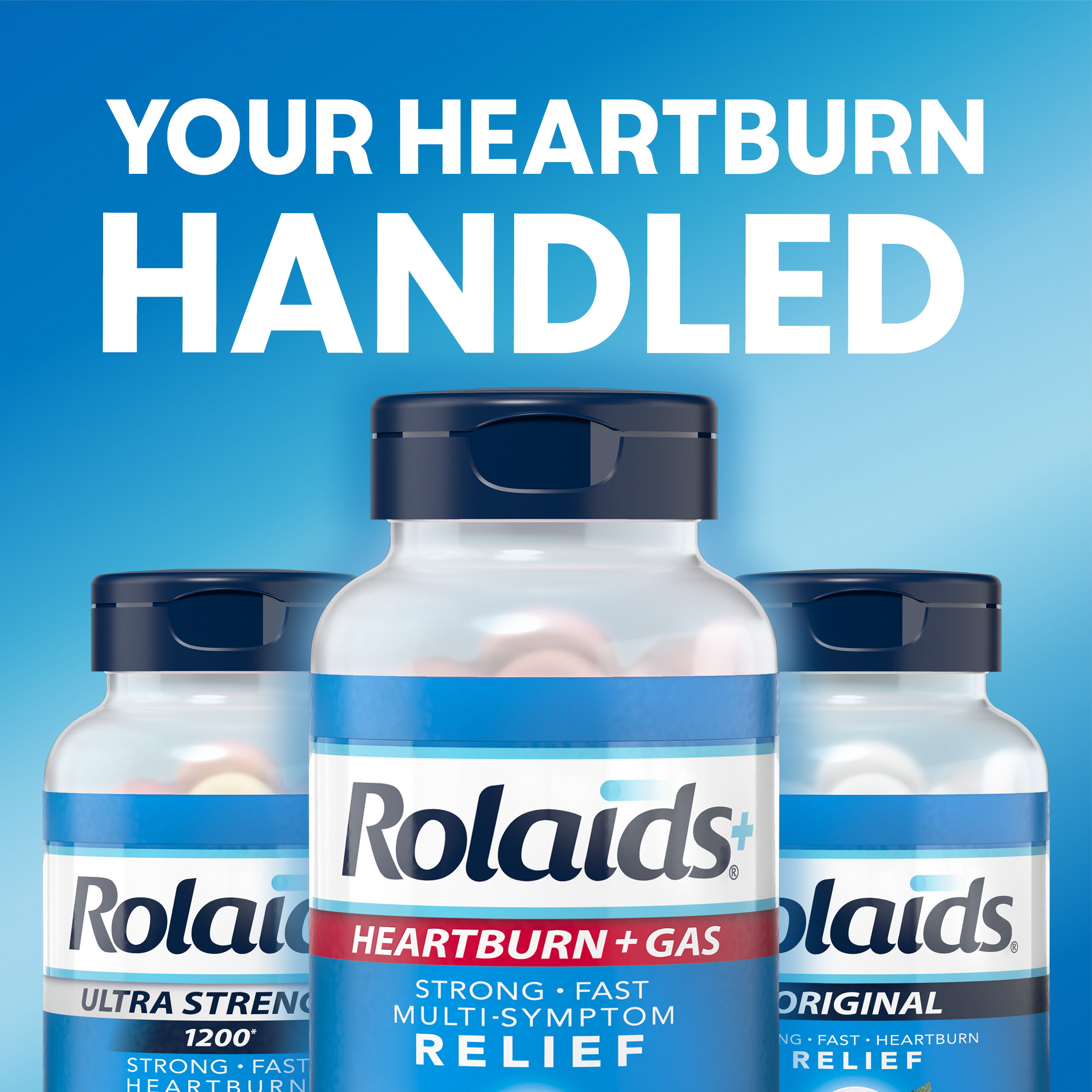Three Rolaids Heartburn + Gas relief bottles with text 'Your Heartburn Handled' on blue background