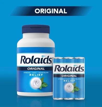 A bottle of Rolaids Original and on-the-go 3 roll mint chewable flavor tablets on blue background.