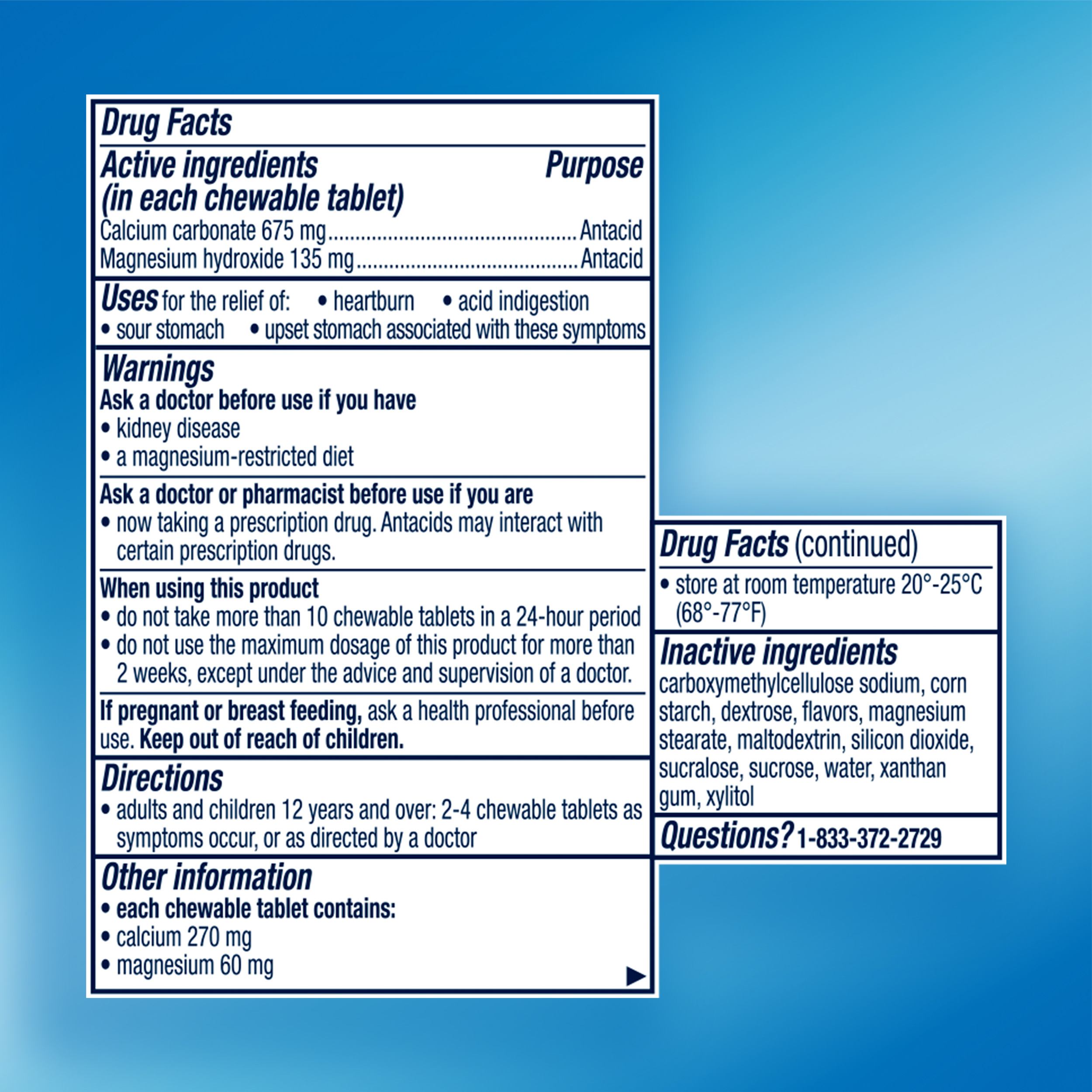 Rolaids Original Drug Facts panel displaying active ingredients, uses, warnings, directions, and inactive ingredients.