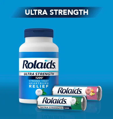 A bottle of Rolaids Ultra Strength mint, 2 on-the-go 3 roll of mint and mixed fruit flavor on blue background.