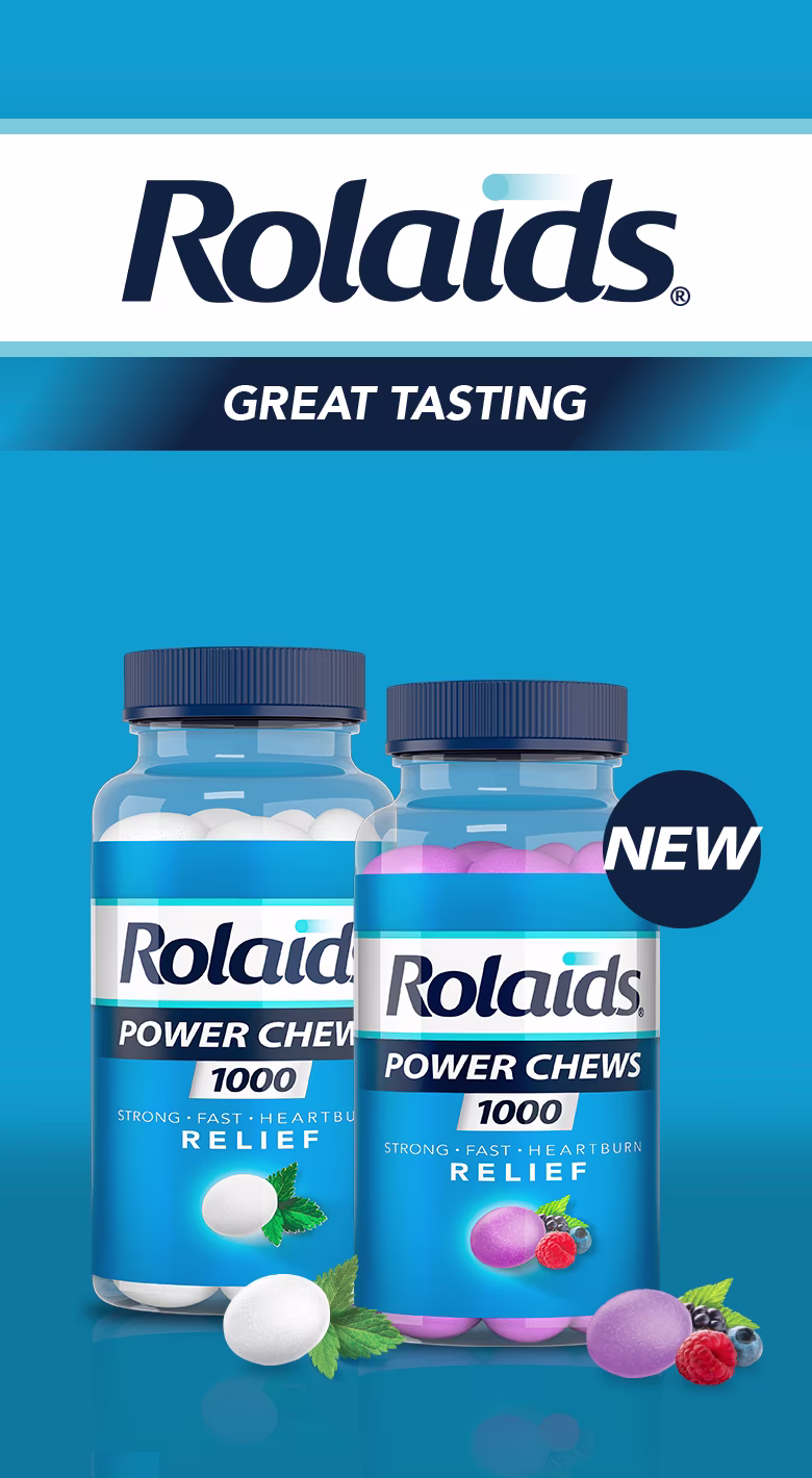 Two bottles of 32 count Rolaids Power chews mint and berry flavoured and text "Rolaids Power chews".