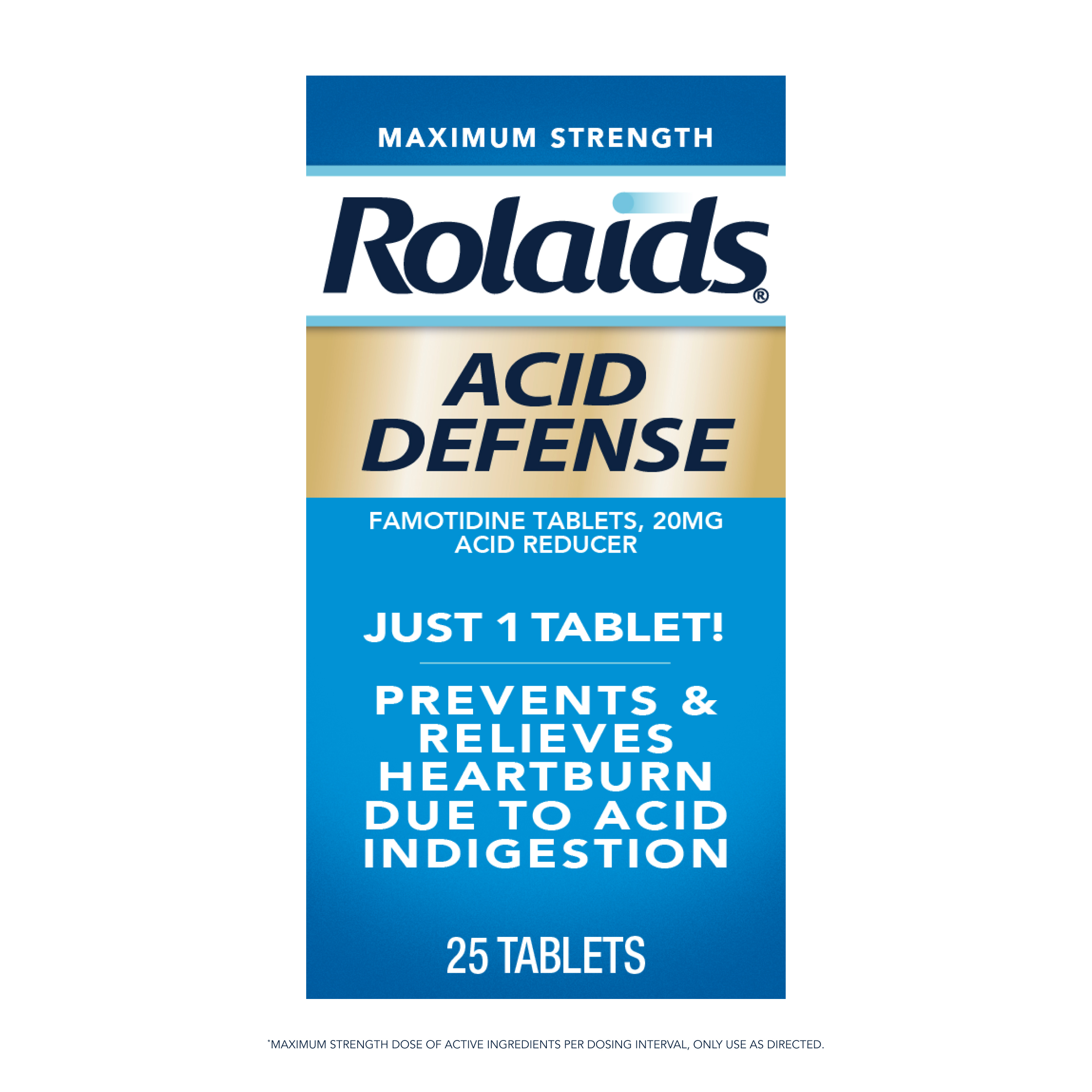Rolaids Maximum Strength Acid Defense box, blue and gold, 20mg Famotidine tablets, prevents heartburn, 25 count.