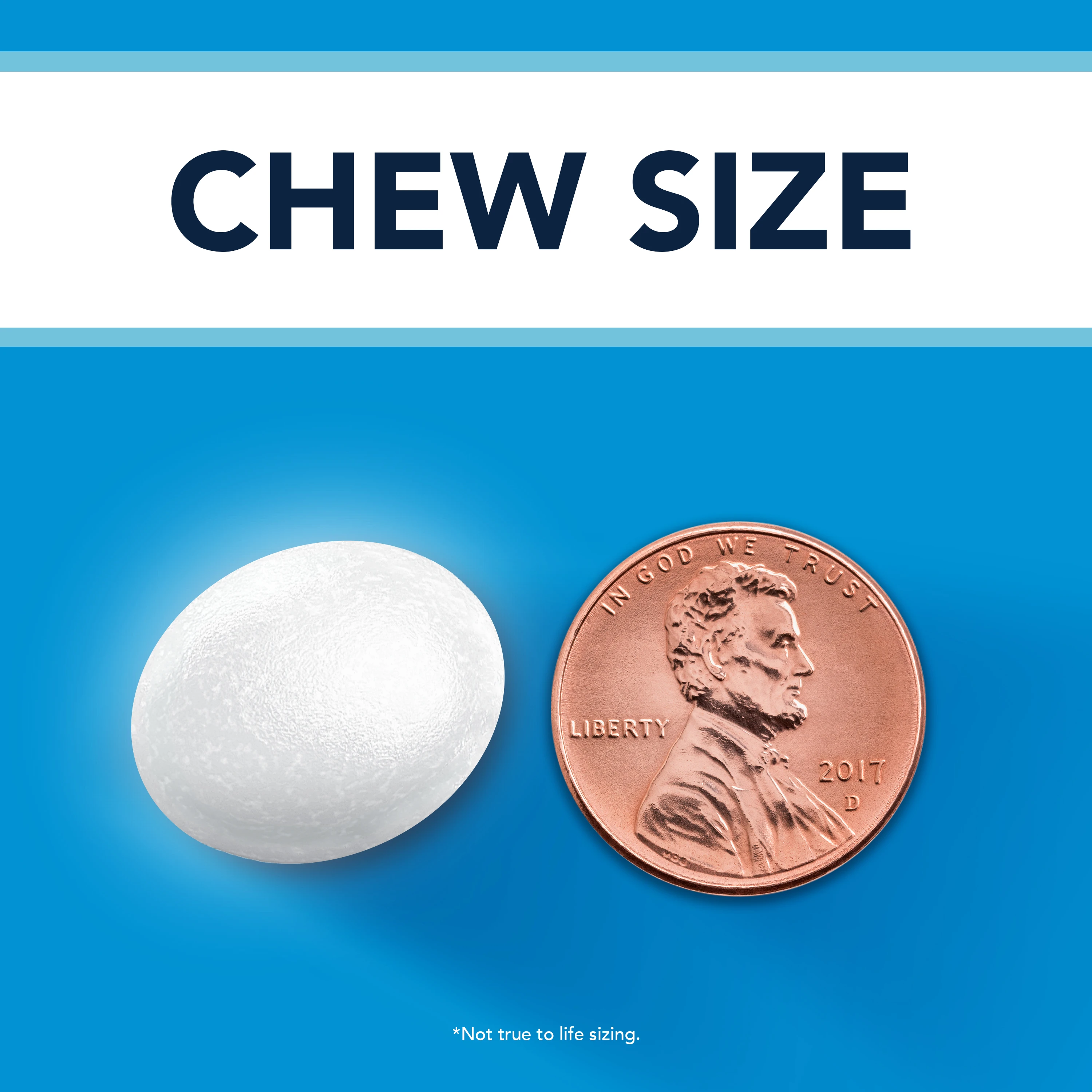 Text on white background "Chew Size" and a white lozenge and an American penny on blue background.