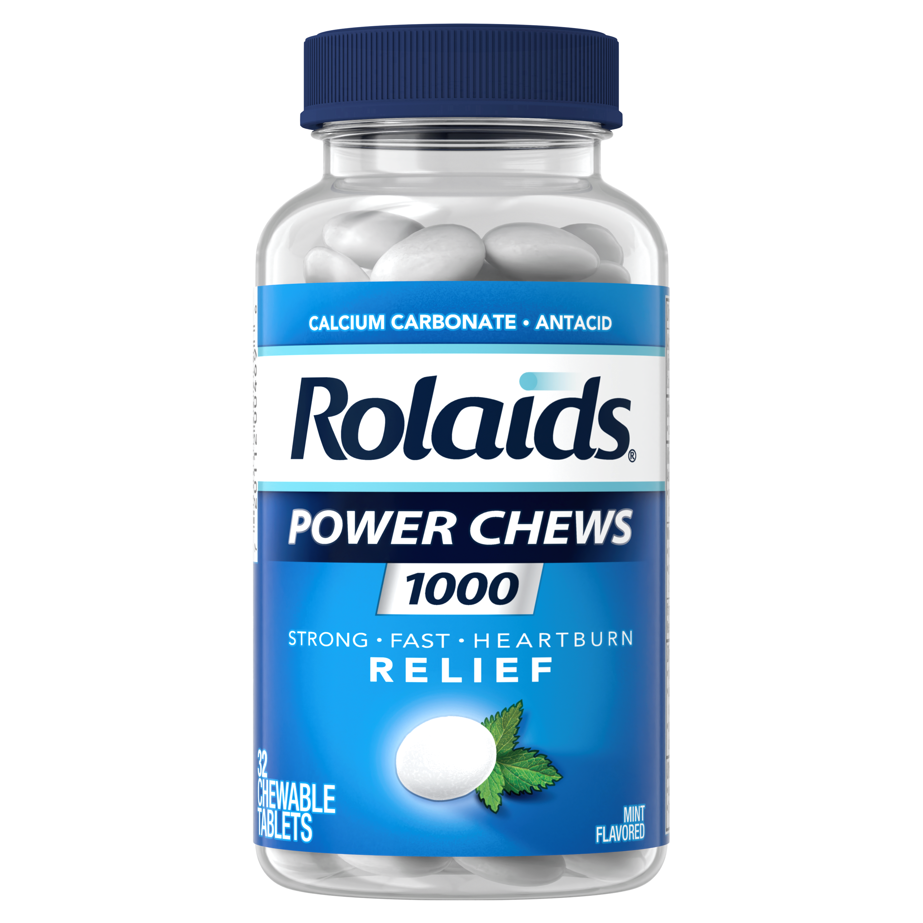A bottle of 32 count Rolaids Power Chews Mint flavor.