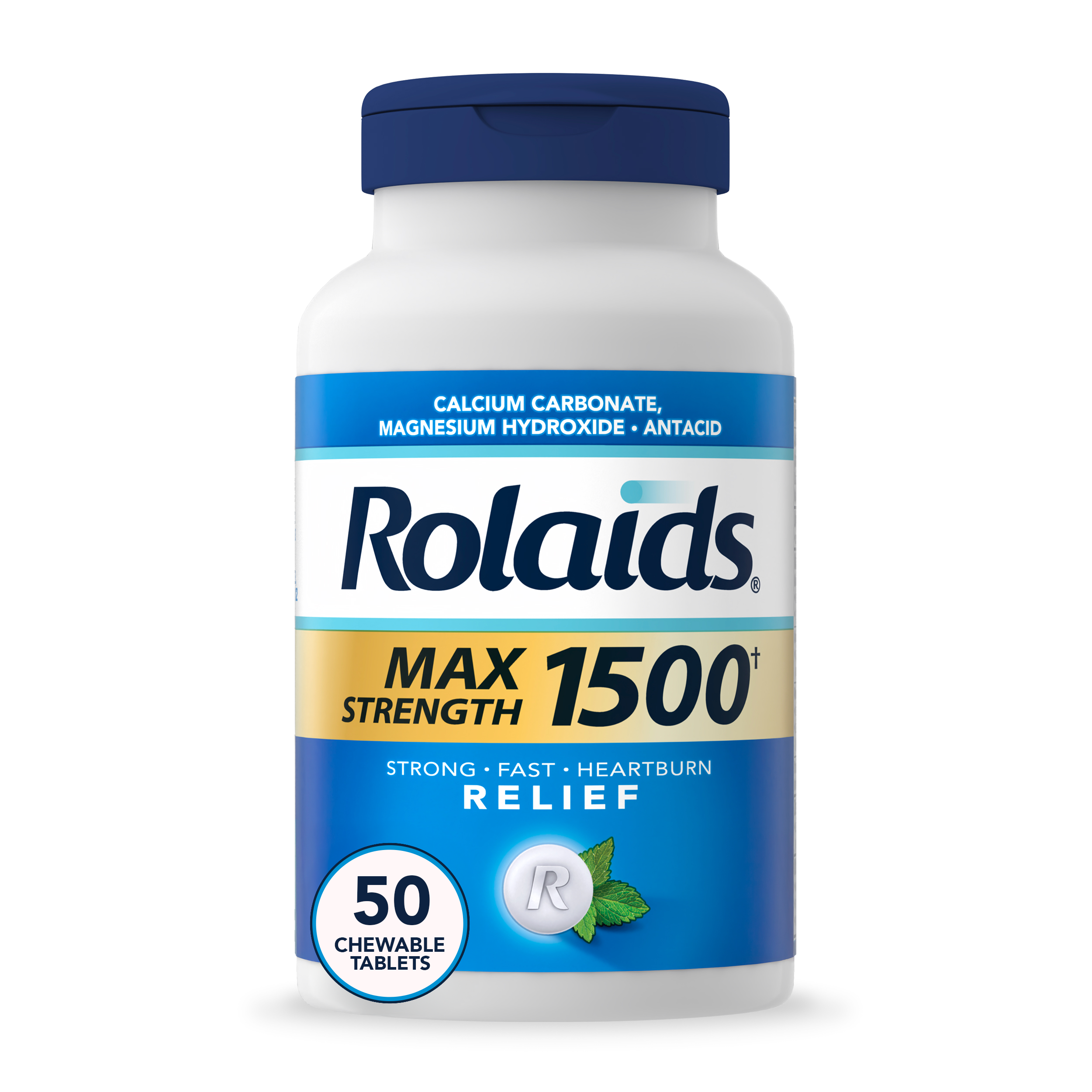 Rolaids Max Strength 1500 antacid bottle with blue cap, containing 50 chewable tablets for fast heartburn relief.