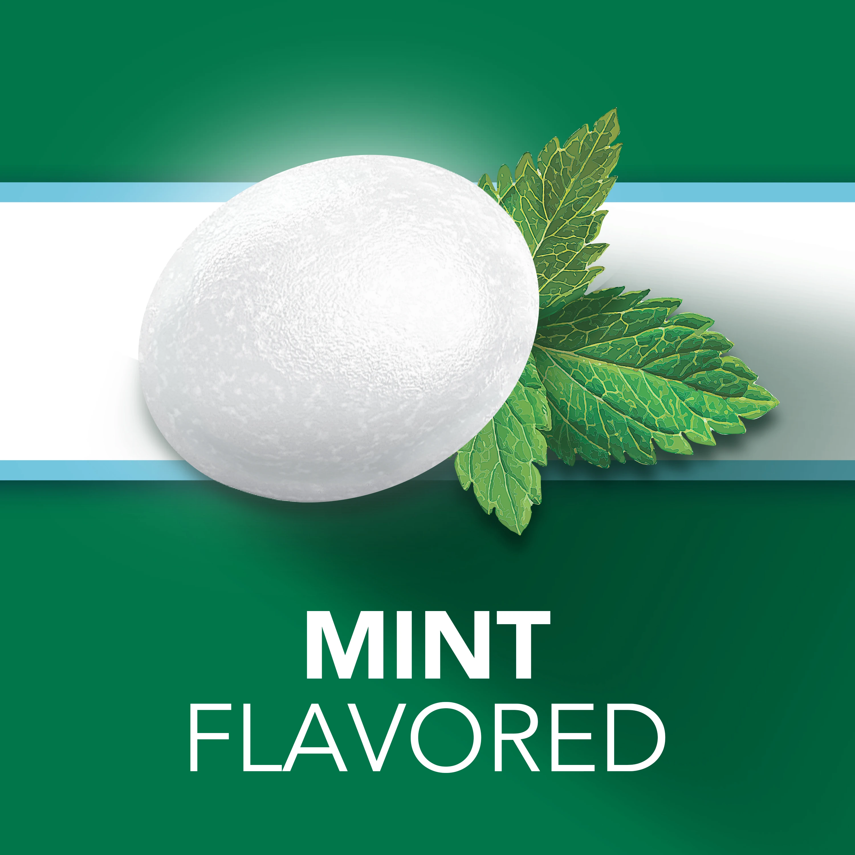 White lozenges with mint leaves next to it on white background and text "Mint Flavored" on green background.