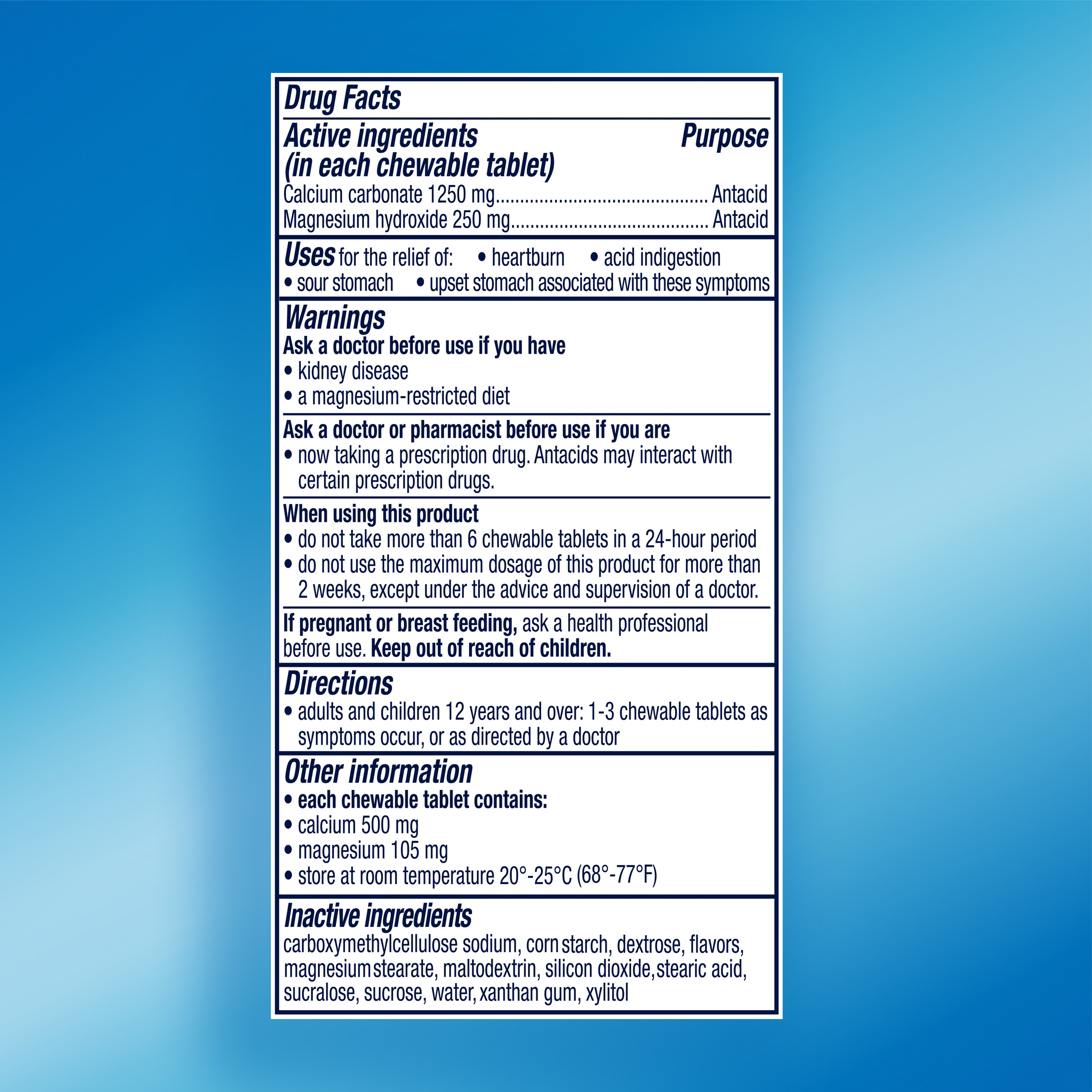 A vertical Rolaids "Drug Facts" label containing sections for active ingredients, uses, warnings, directions, other safety information, and inactive ingredients, presented against a blue gradient background.