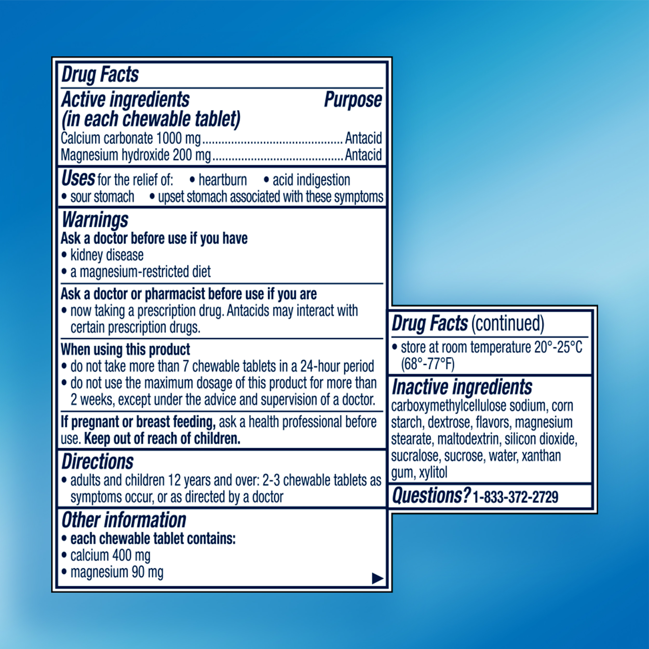 Complete Drug Facts label for Rolaids Ultra Strength chewable tablets, detailing active ingredients, uses, warnings, directions, and inactive ingredients.