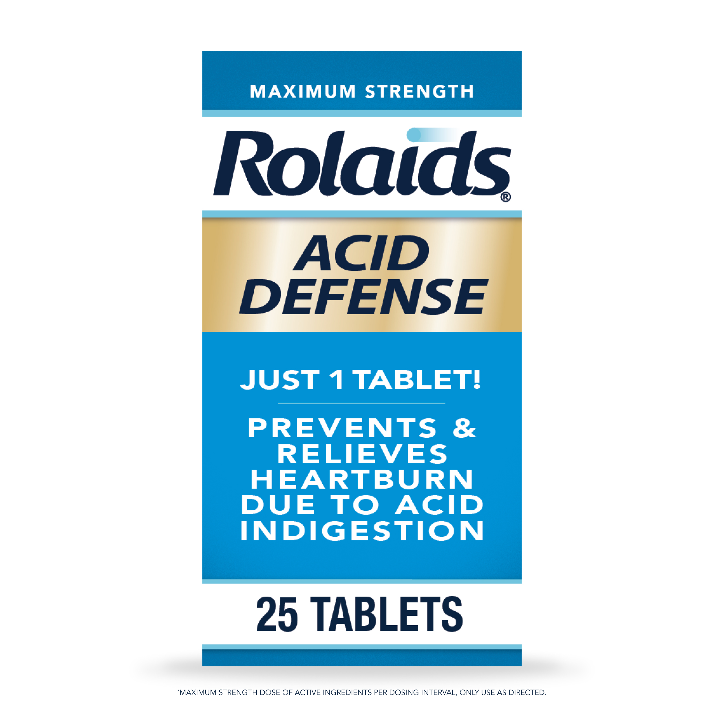 Rolaids Maximum Strength Acid Defense antacid box, blue and gold, 25 tablets, prevents and relieves heartburn.