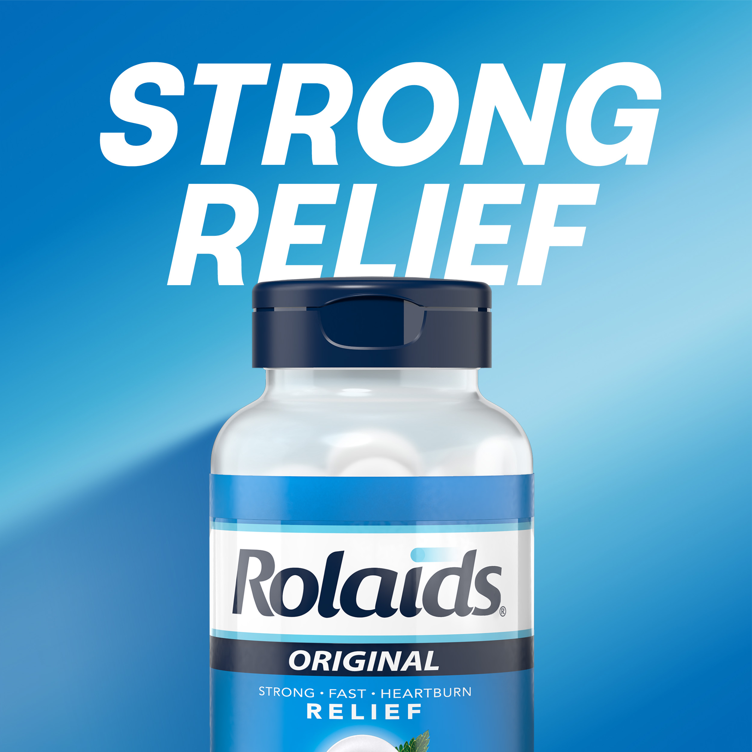 Close-up of a Rolaids Original bottle under large white text reading "Strong Relief."