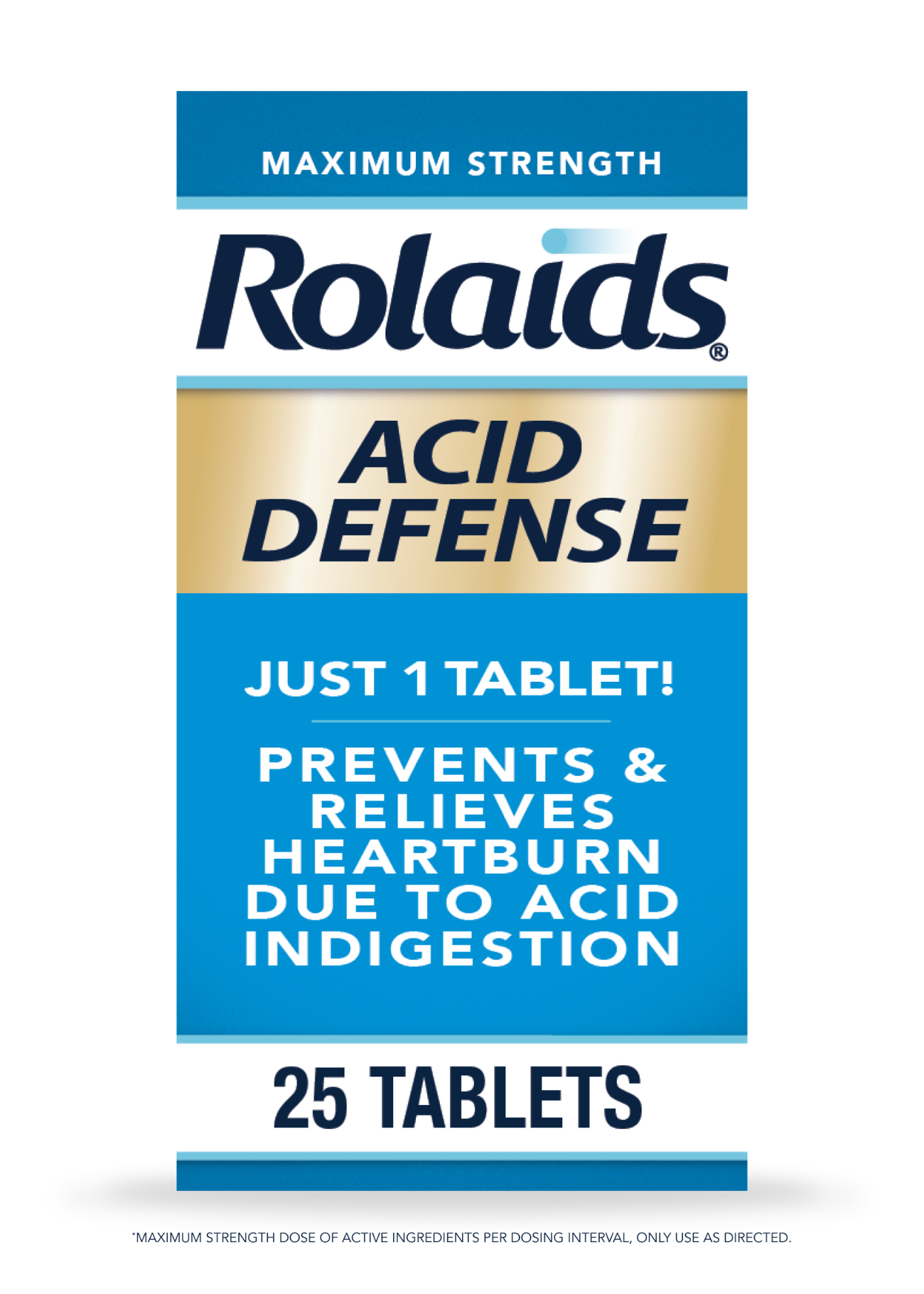 Rolaids Maximum Strength Acid Defense box, blue and gold, 20mg Famotidine tablets, prevents heartburn, 25 count.
