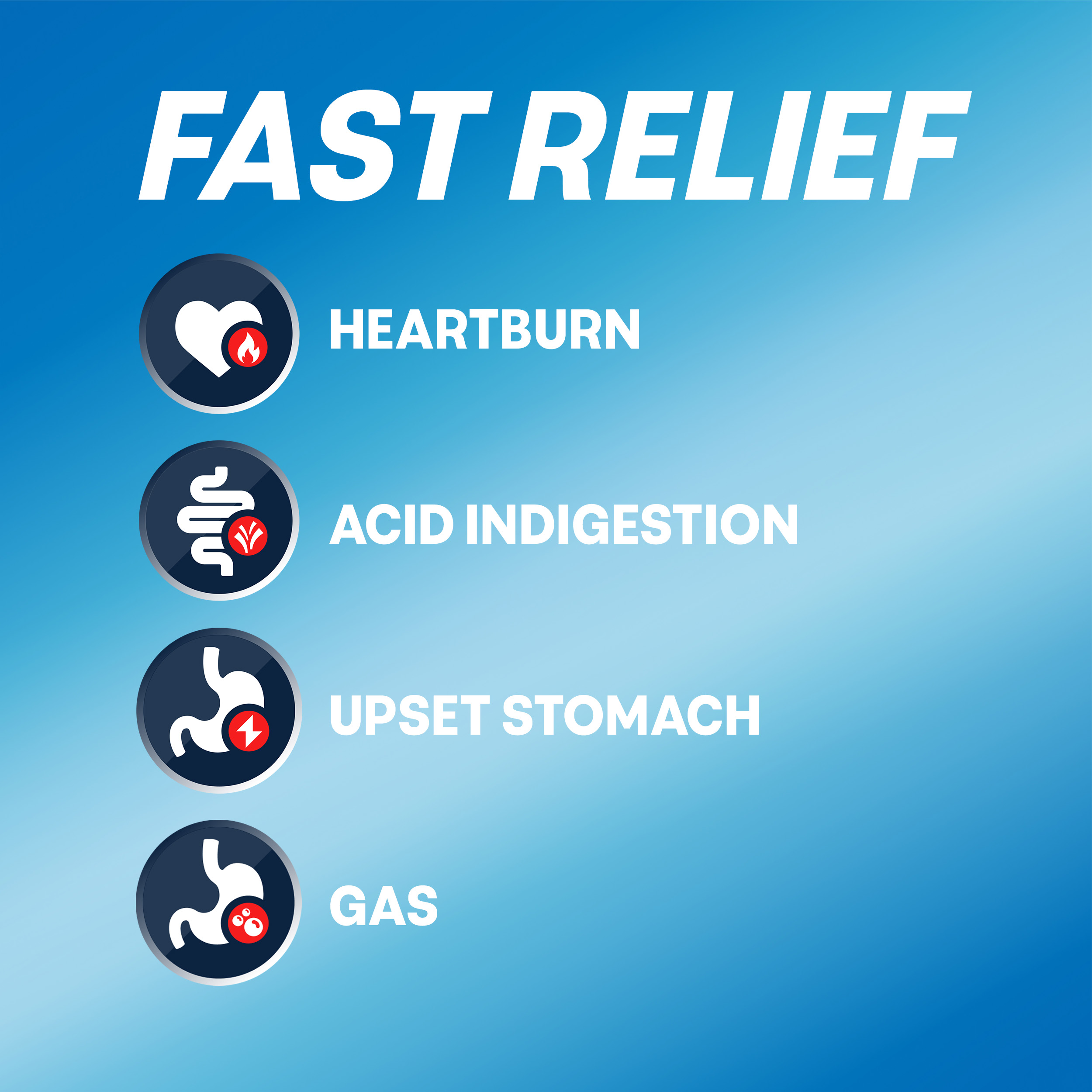 Graphic under the headline "FAST RELIEF" listing four symptoms—HEARTBURN, ACID INDIGESTION, UPSET STOMACH, and GAS—each with a corresponding medical icon on a blue background.