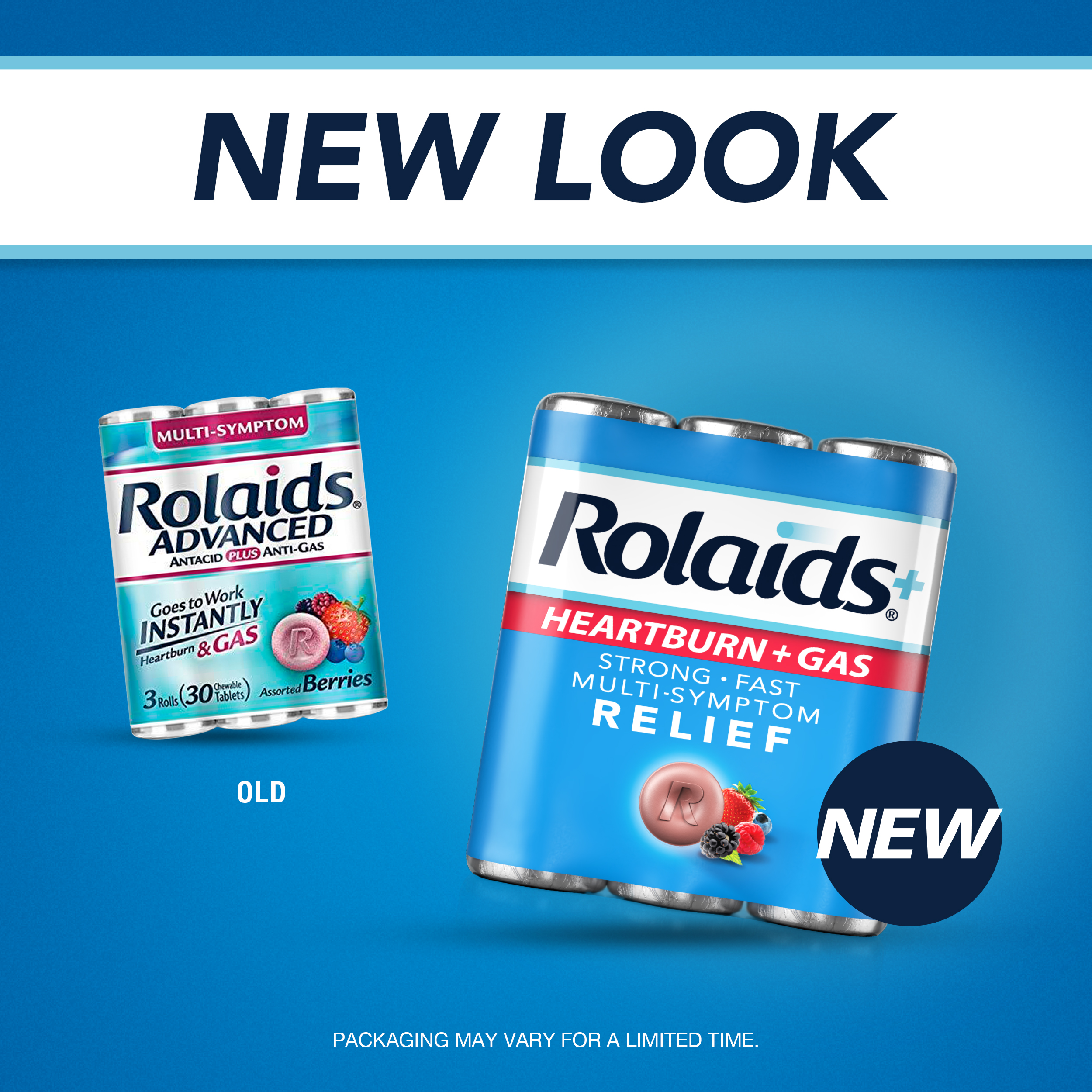 Rolaids® Heartburn + Gas, Assorted Berry, Heartburn And Gas Relief 3 X 10 OLD VS New packs with text "New Look"