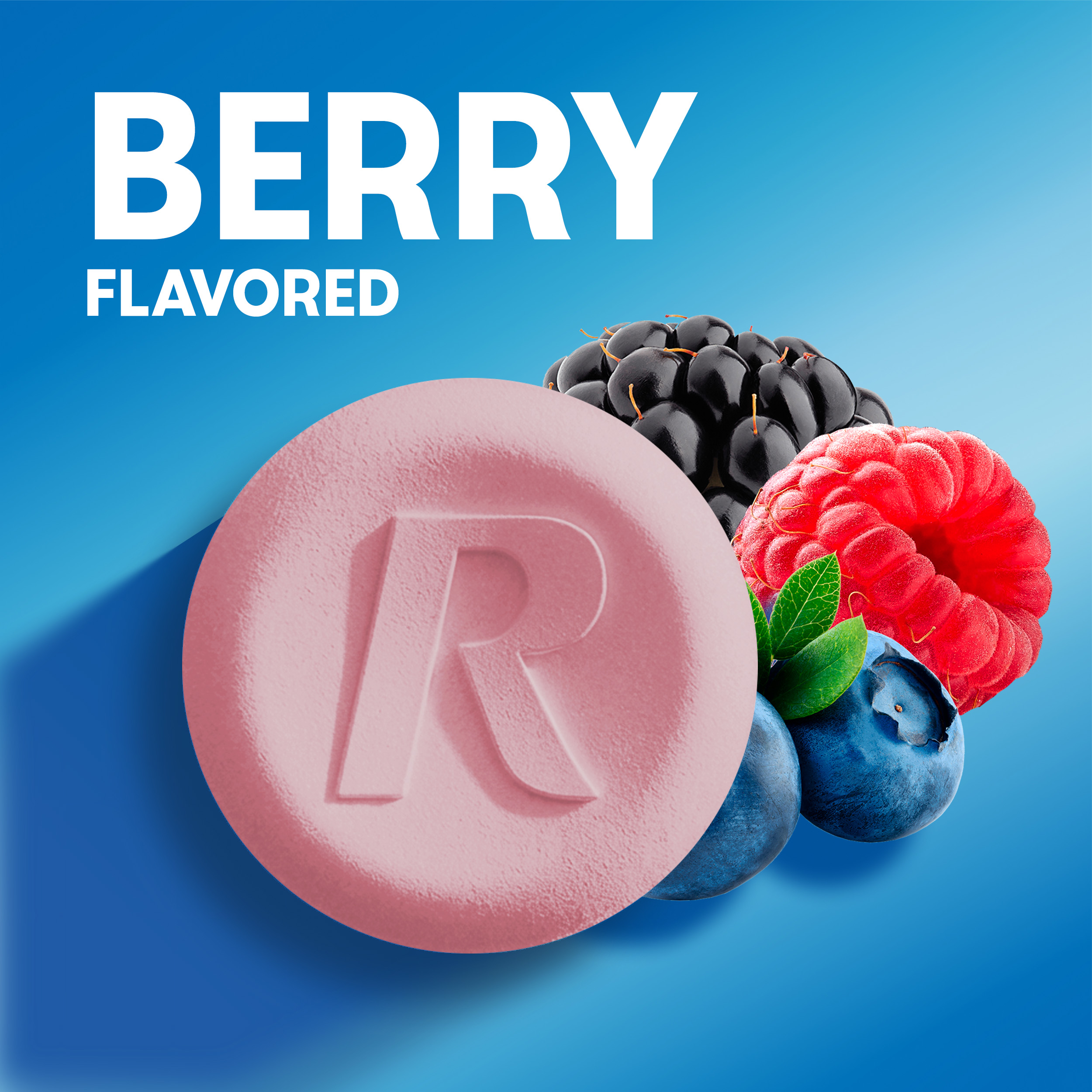 Graphic reading "BERRY FLAVORED" showing a large pink chewable tablet marked with an 'R' next to fresh blackberries, raspberries, and blueberries.