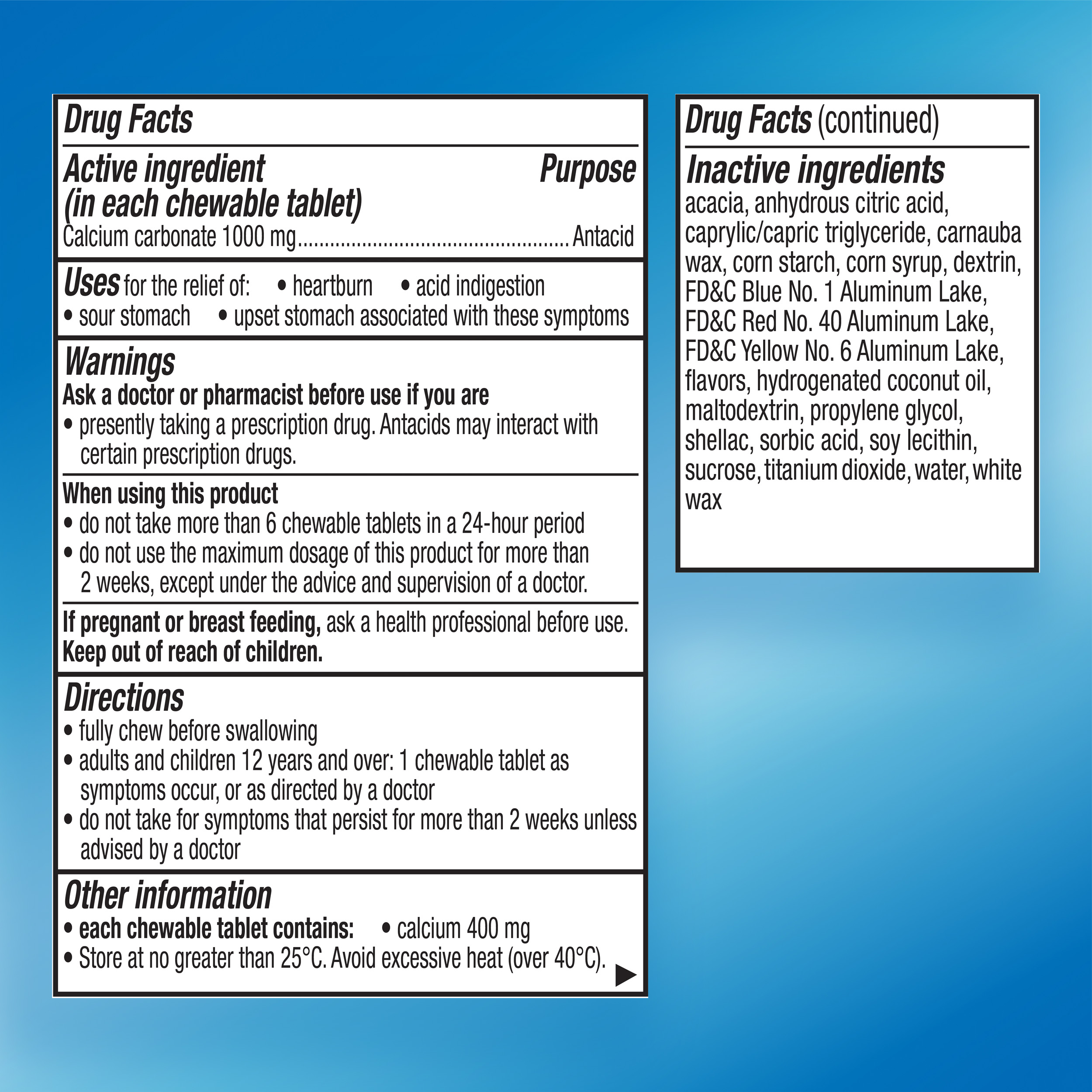 Drug facts label for Rolaids showing active ingredients, uses, warnings, directions, and inactive ingredients.
