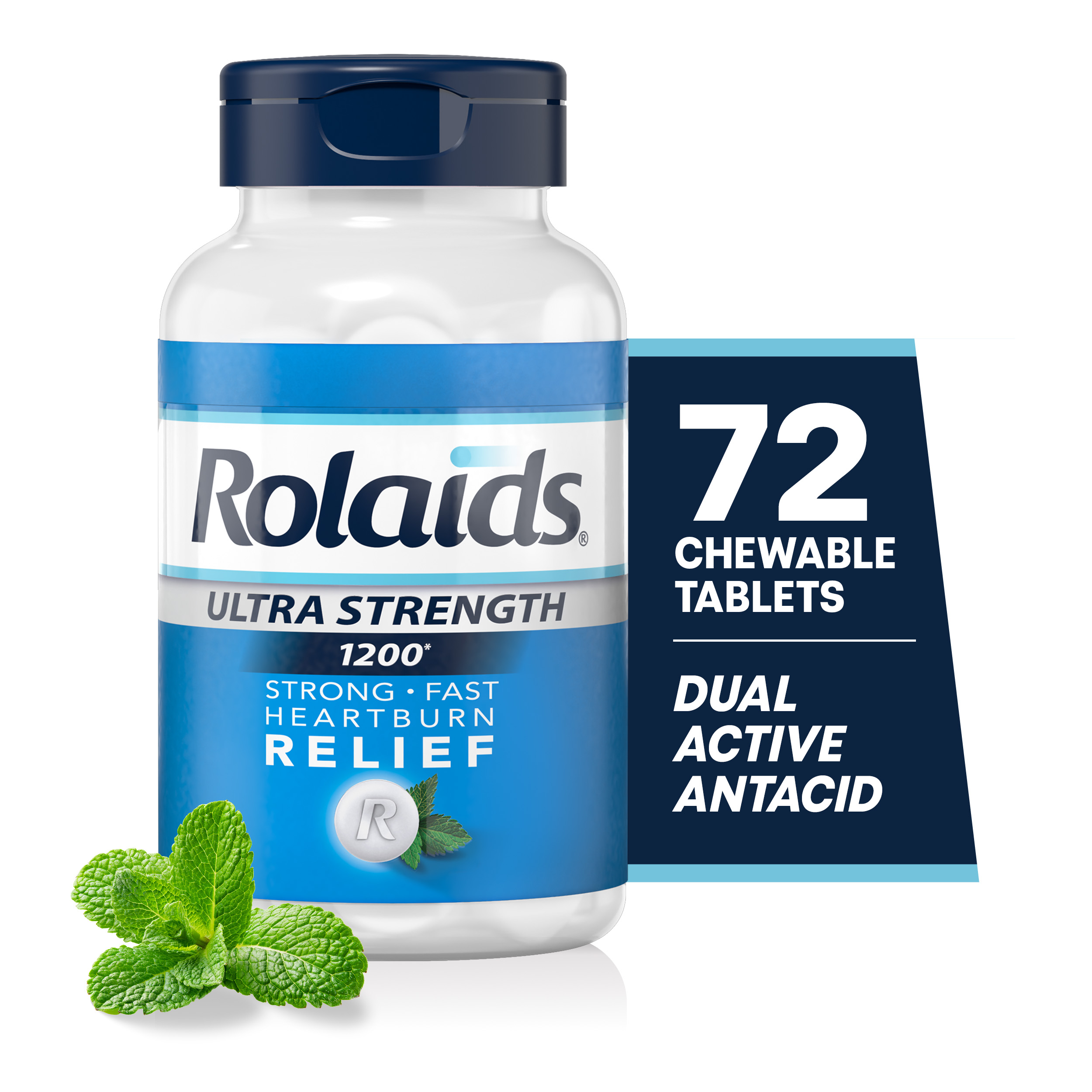 Rolaids Ultra Strength 1200 Mint bottle alongside fresh mint leaves and a side graphic stating "72 CHEWABLE TABLETS" and "DUAL ACTIVE ANTACID."