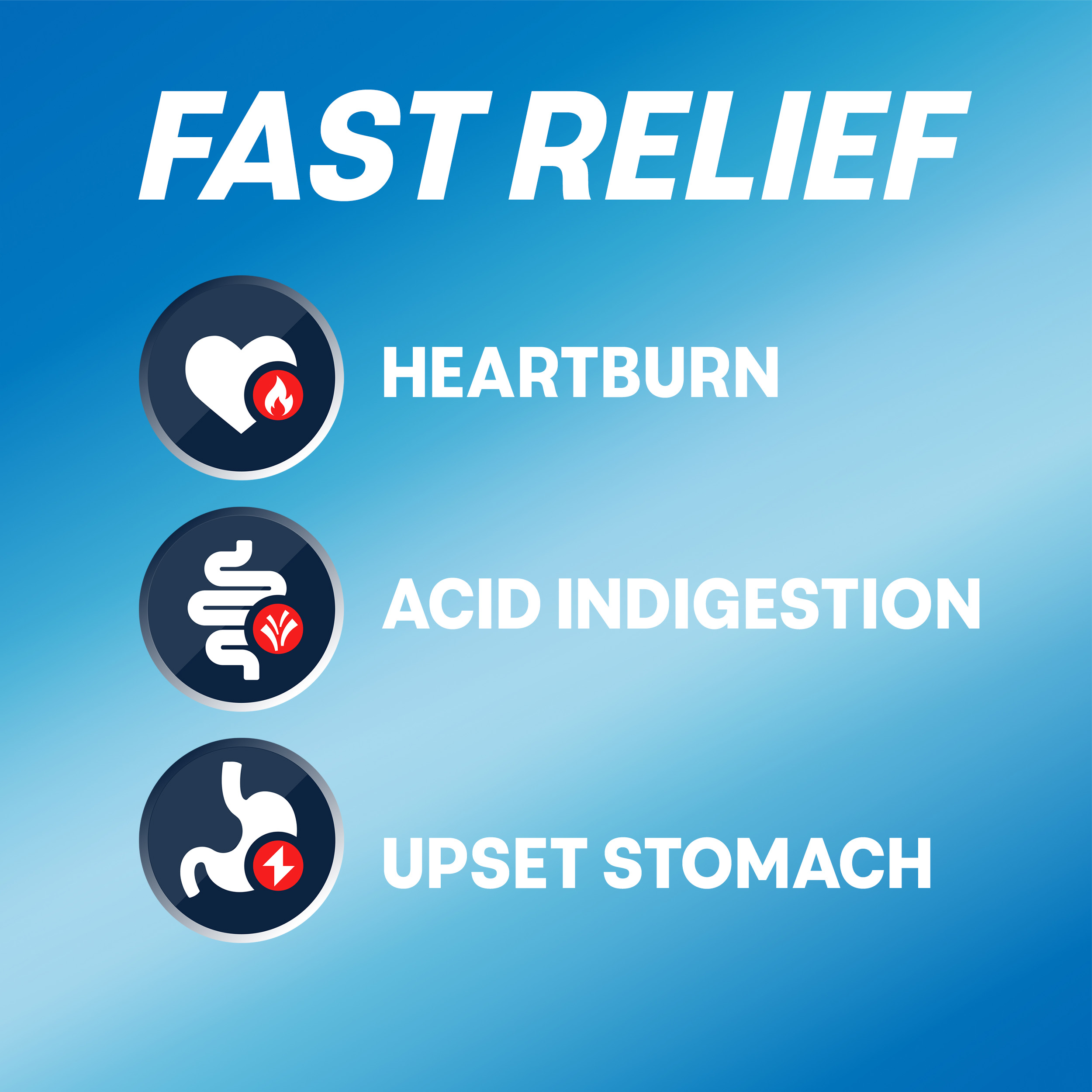 "Fast Relief" header above three icons representing relief for heartburn, acid indigestion, and upset stomach.