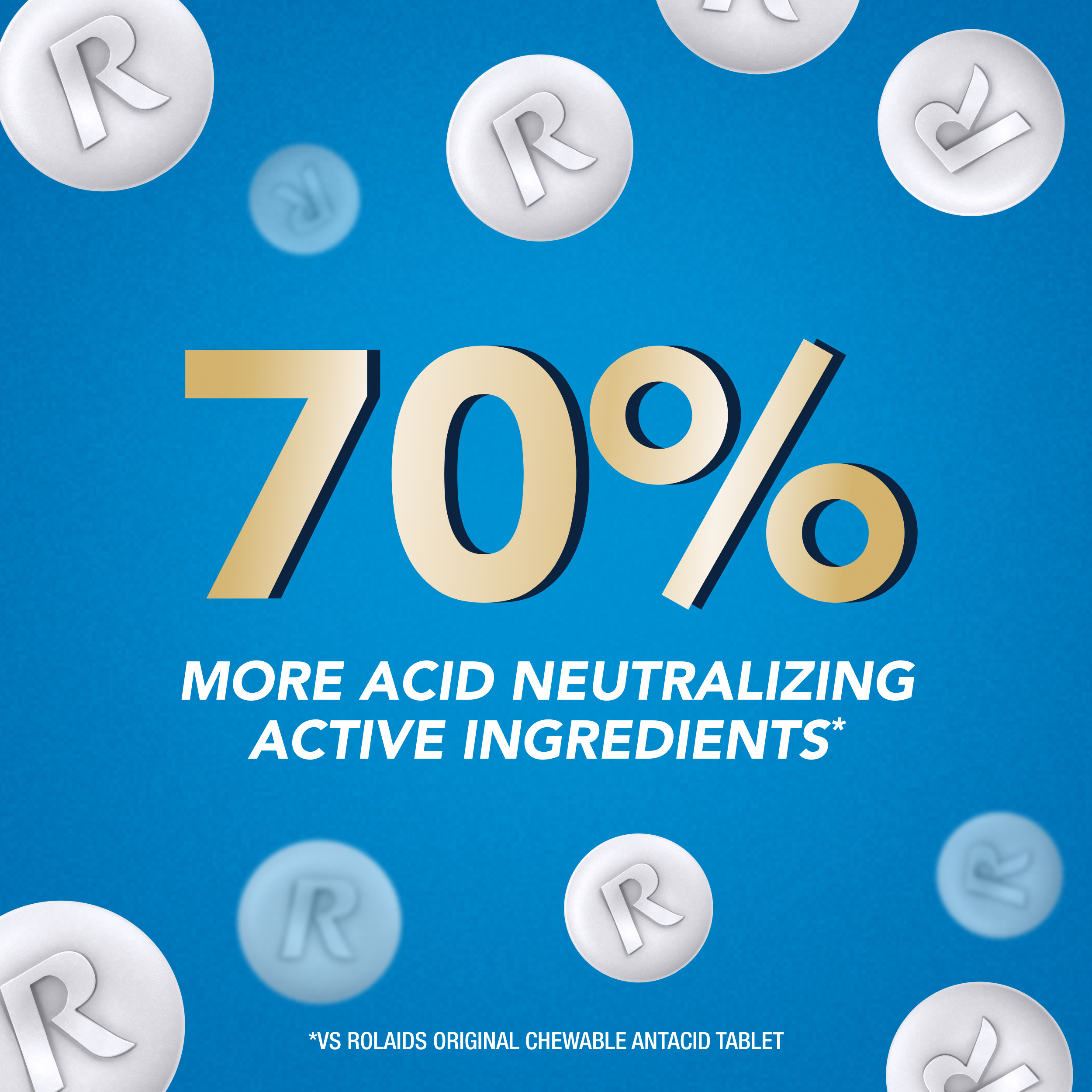 Rolaids tablets on blue background with bold text: 70% more acid neutralizing active ingredients vs original chewable antacid tablet.
