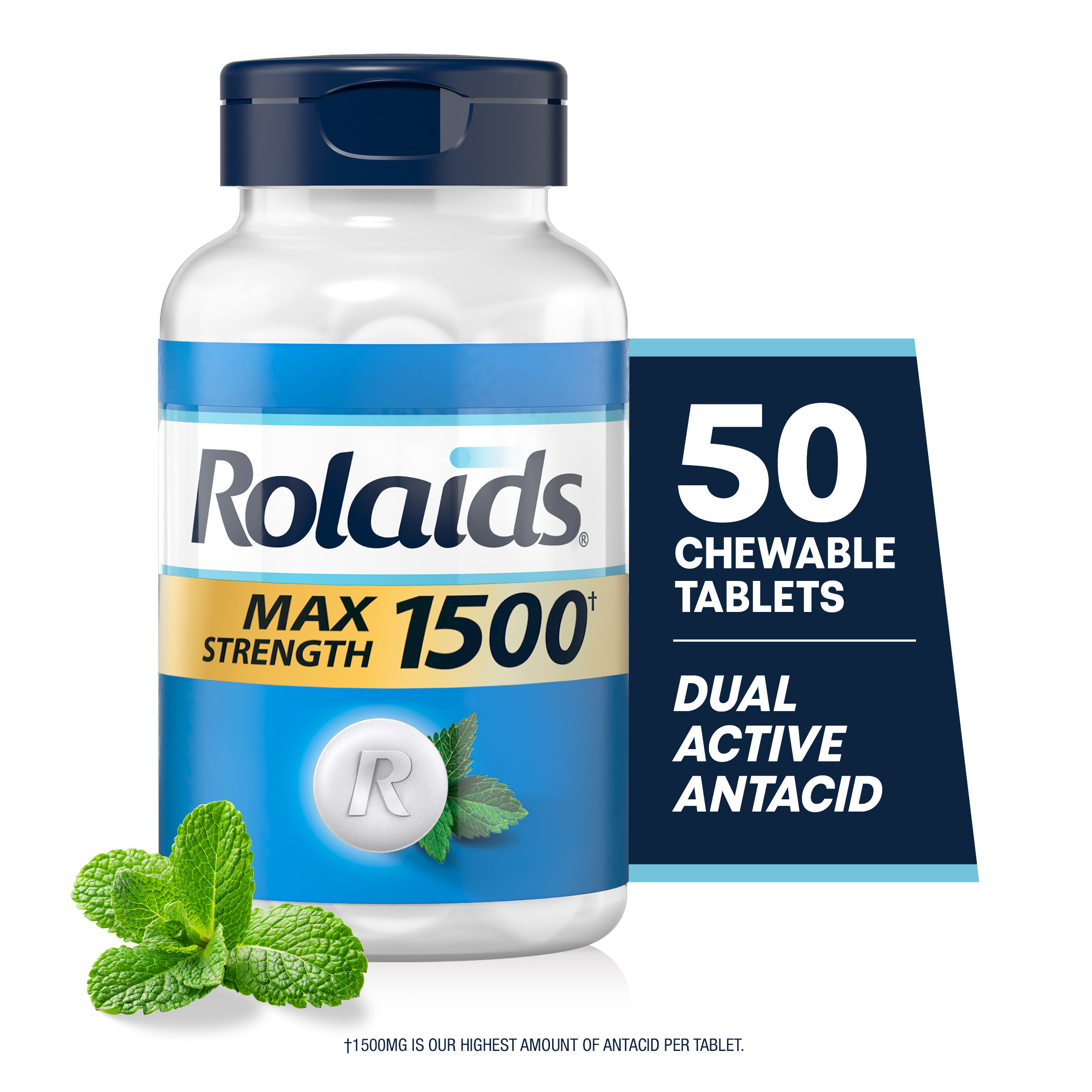 Rolaids Max Strength 1500 Mint, 50 chewable tablets with dual active antacid formula, shown with fresh mint leaves against a white background