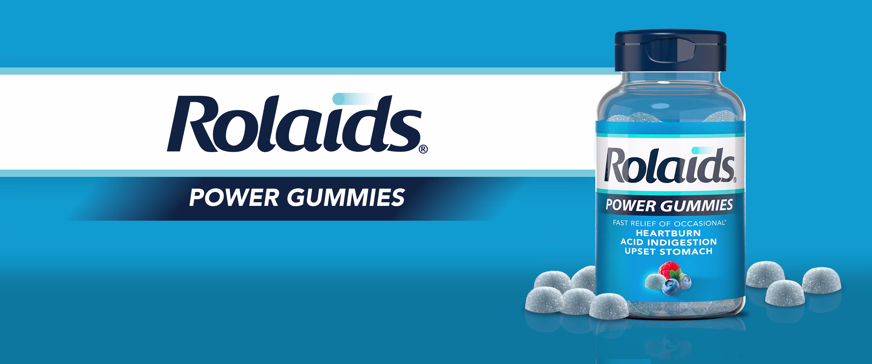 A bottle of Rolaids Power Gummies, blue gummies spilled around the bottle and text "Rolaids Power Gummies" with white and blue background.