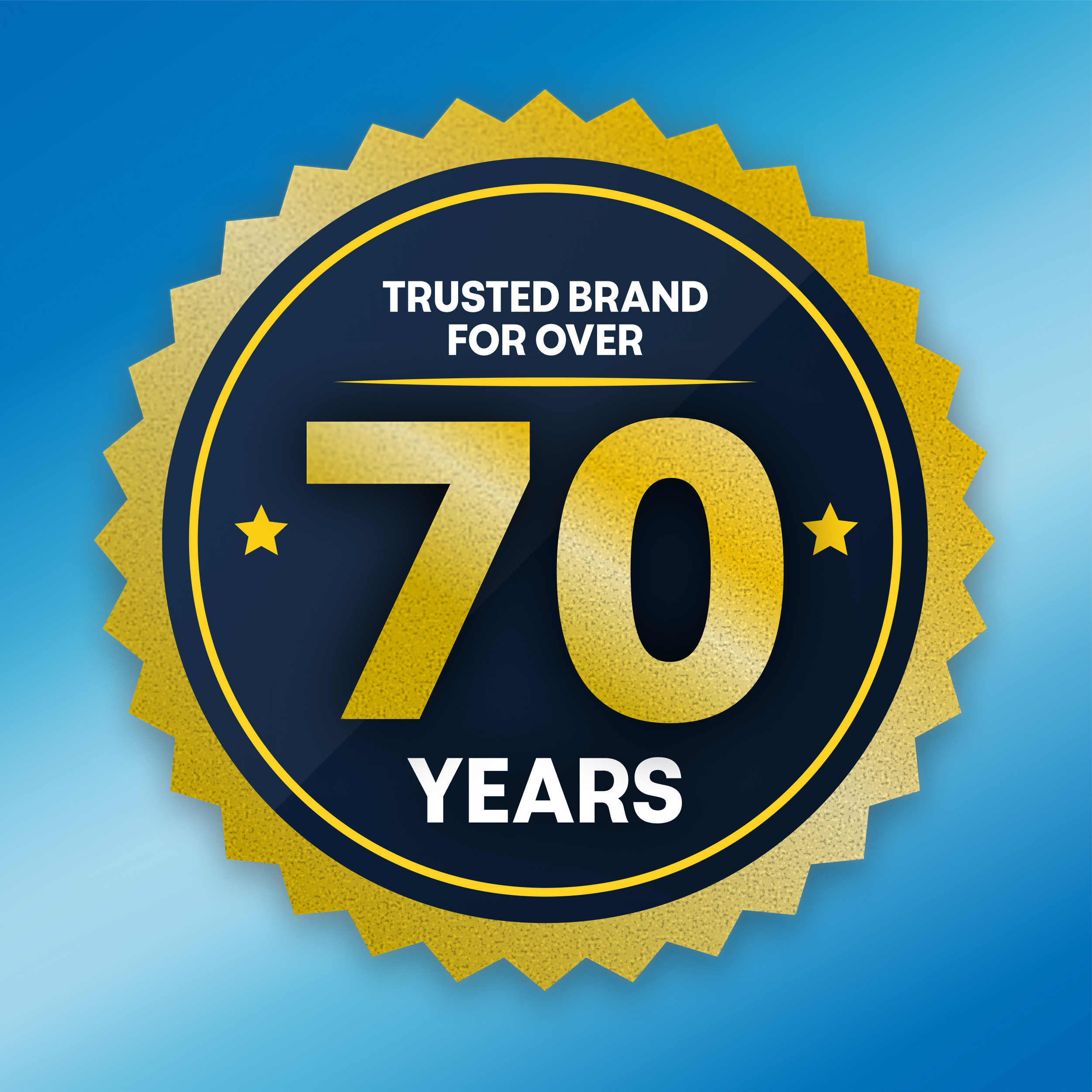 A circular gold seal graphic styled like a ribbon stamp on a blue background. Inside the dark blue center, bold white and gold text reads "TRUSTED BRAND FOR OVER 70 YEARS," flanked by two small gold stars on either side of the number 70.