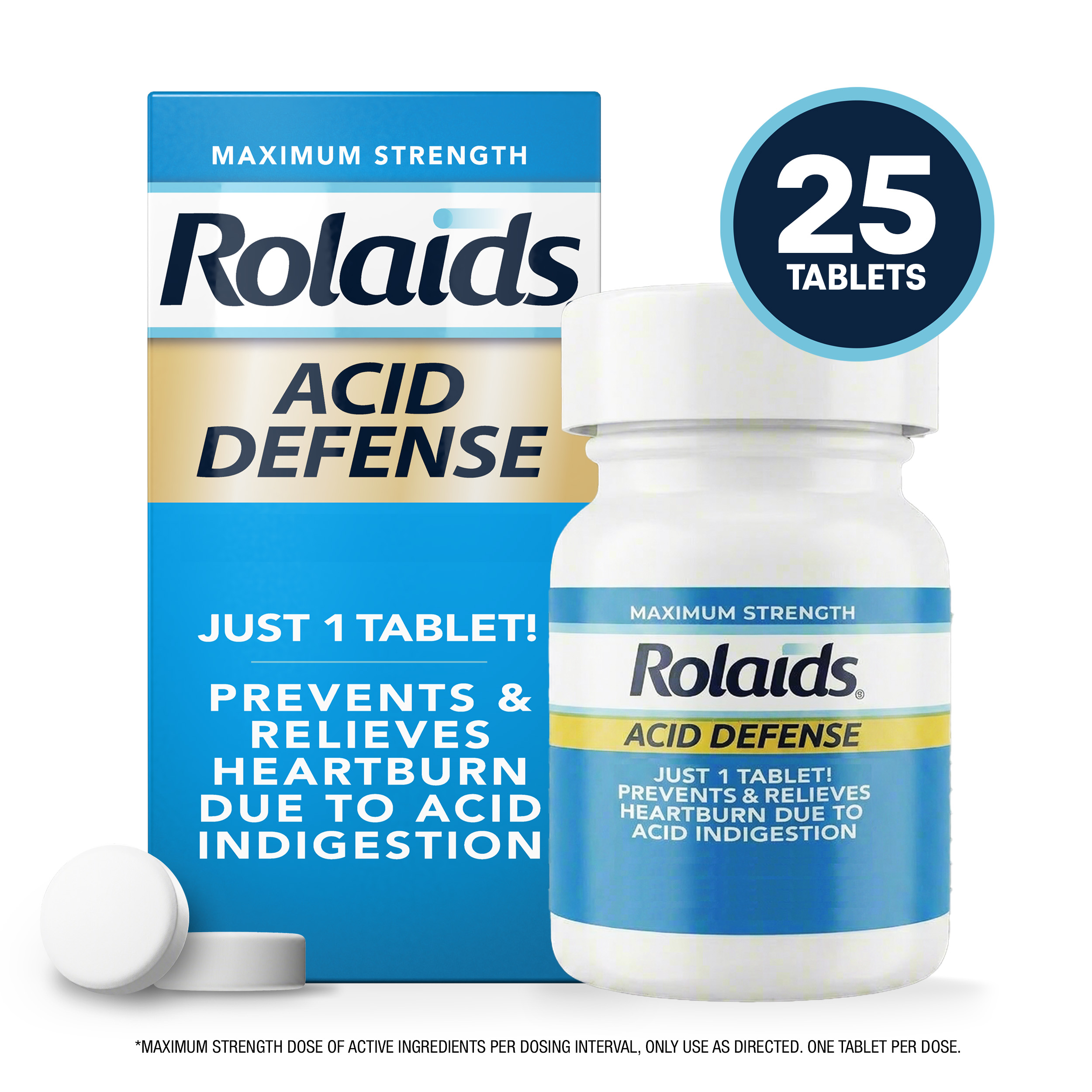Rolaids Maximum Strength Acid Defense box, blue and gold, 20mg Famotidine tablets, prevents heartburn, 25 count.
