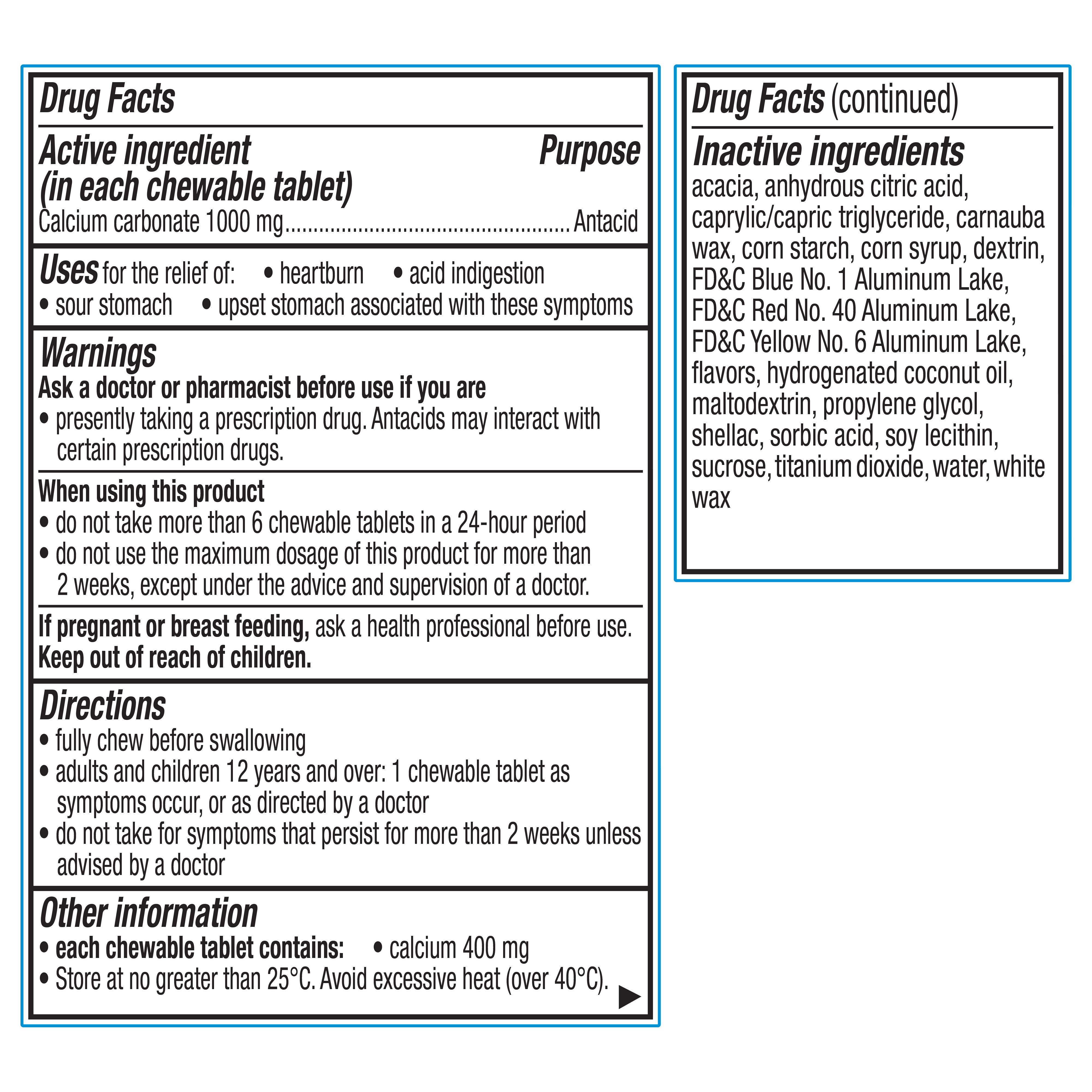 Drug facts, usage and directions of Rolaids Power Chews mint.