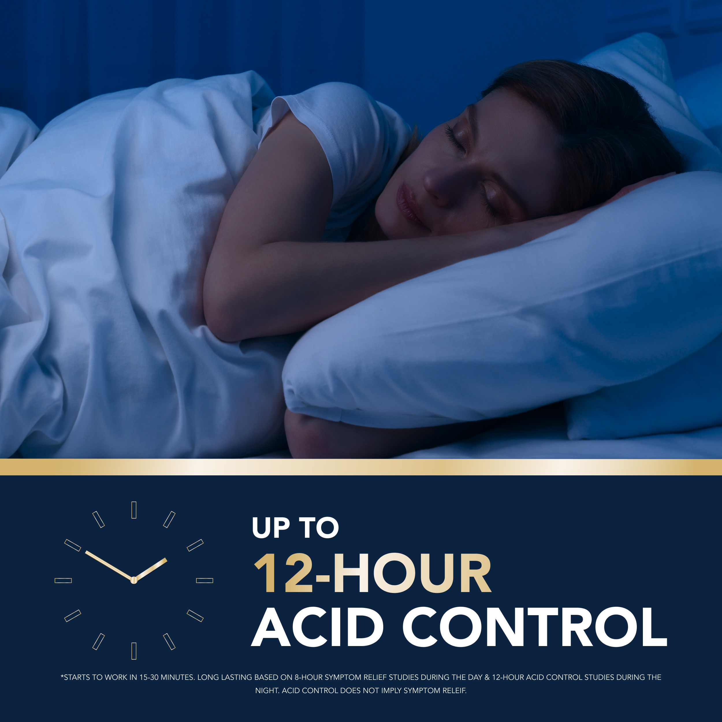 Woman sleeping peacefully in blue-lit bedroom above text reading "Up to 12-Hour Acid Control" with a clock graphic.