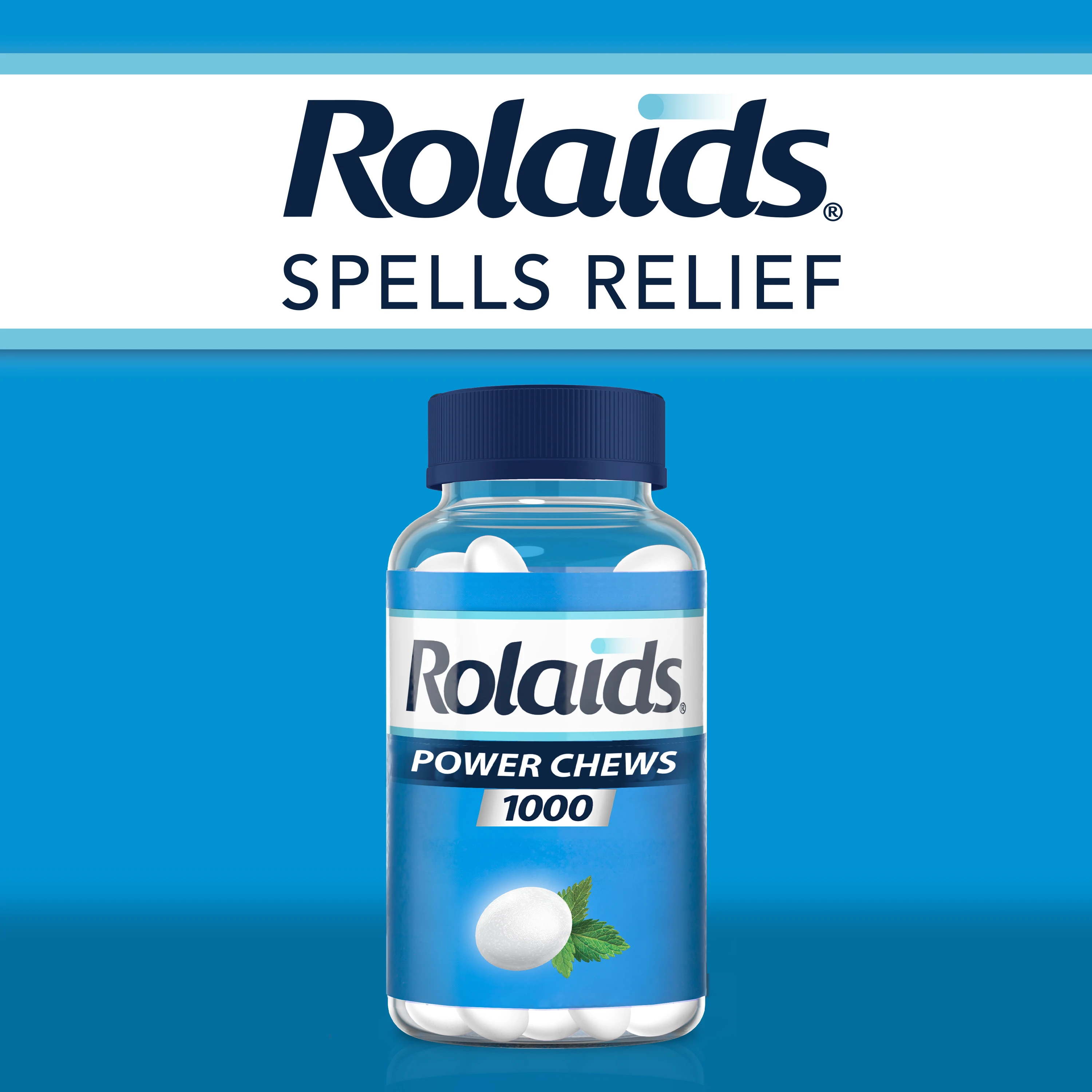Text on white background "Rolaids spells relief" and a bottle of Rolaids Power Chews Mint flavor on blue background.