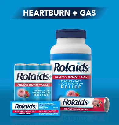 A bottle of Rolaids Heartburn + Gas and on-the-go rolls chewable tablets on blue background.
