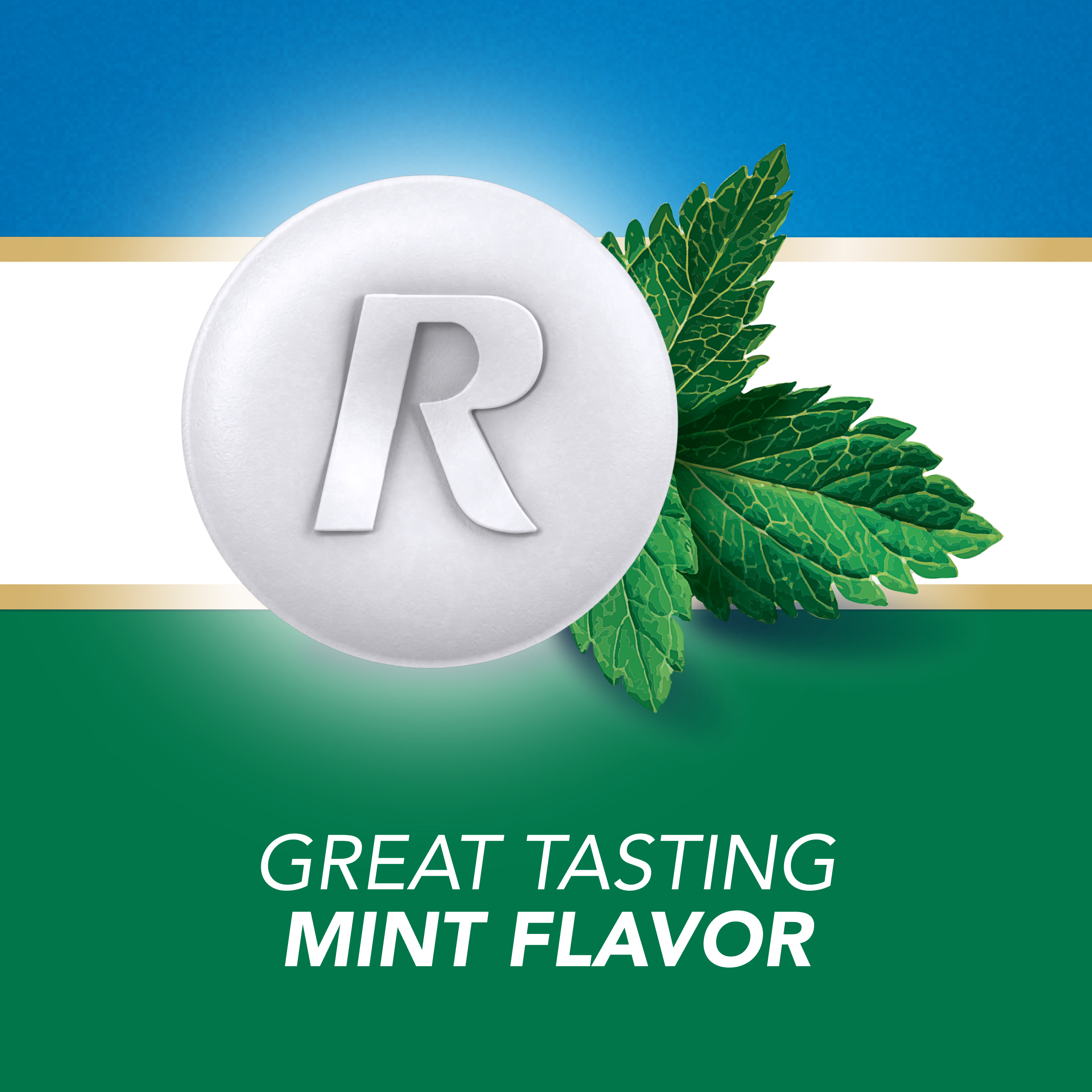 White mint tablet embossed with R logo beside fresh green mint leaves, text reads Great Tasting Mint Flavor on blue and green background.