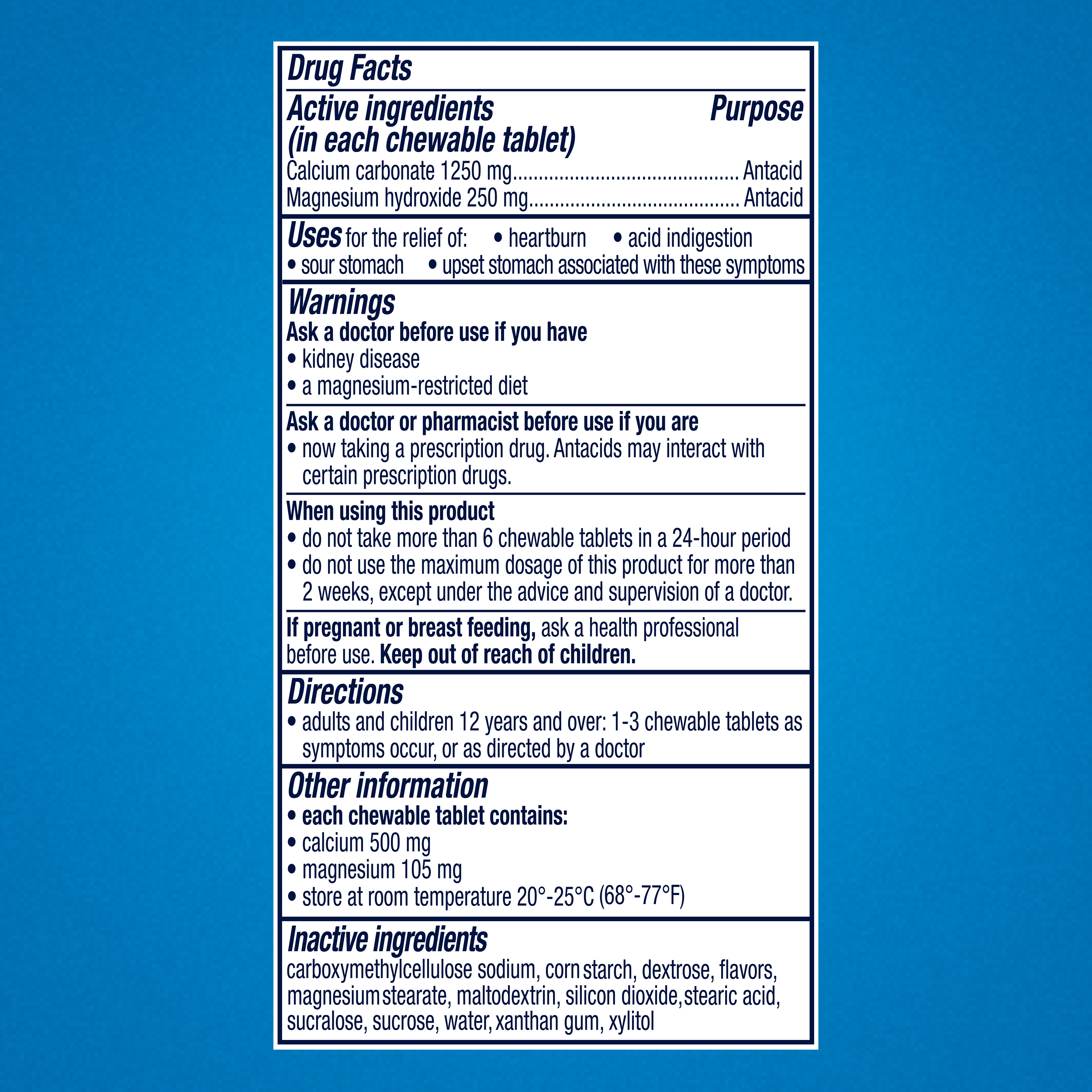 Drug Facts label for antacid chewable tablets with calcium carbonate and magnesium hydroxide, on a blue background.