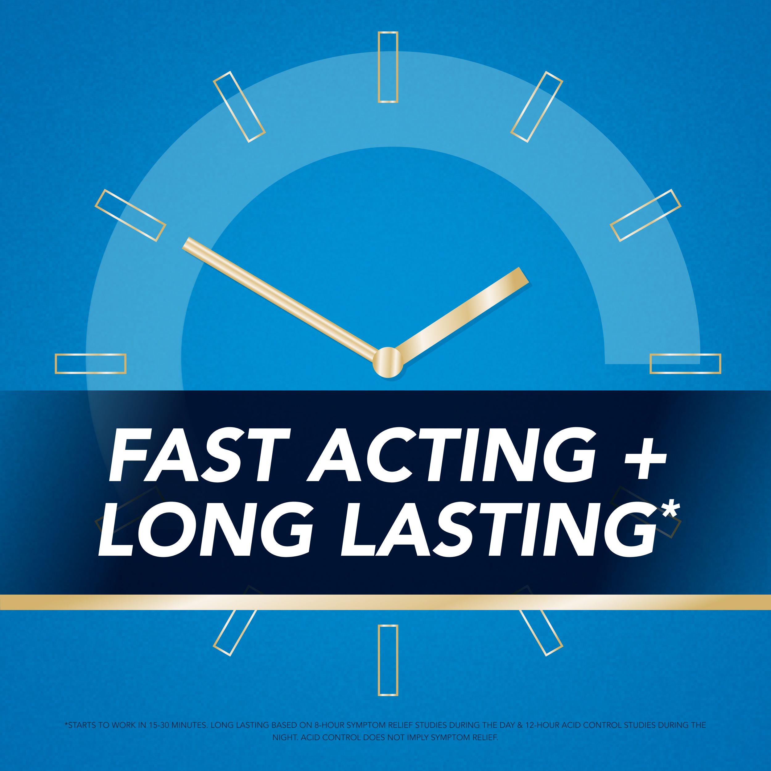 Blue graphic with a gold clock and text reading Fast Acting + Long Lasting, highlighting quick and extended relief benefits.