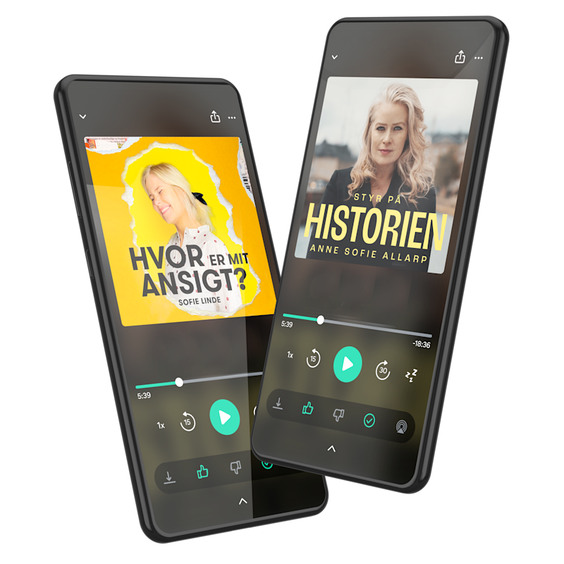 Two iPhones showing screenshots of the Podimo app