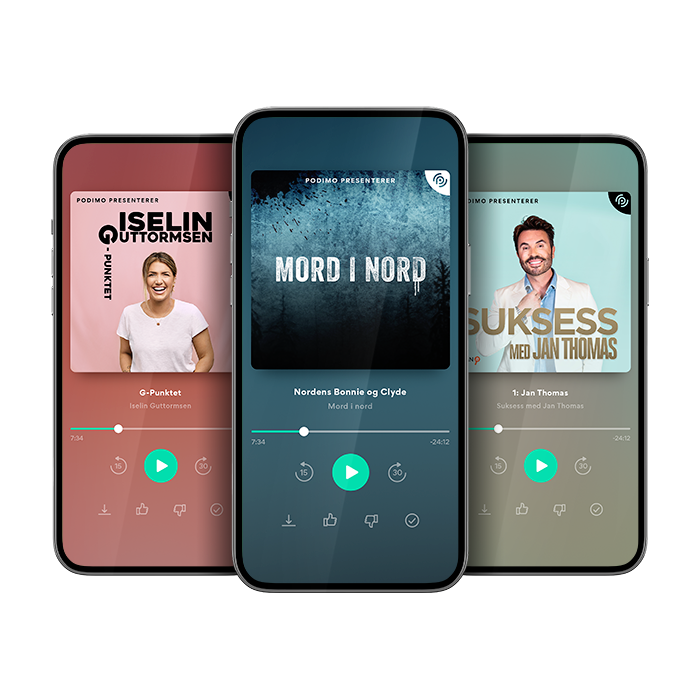 Telefoner med podkaster. Fra venstre: Råning med Tone, Uforklarlig og Suksess med Jan Thomas.