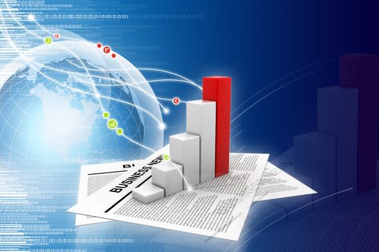 Business news with 3-d bar charts on top